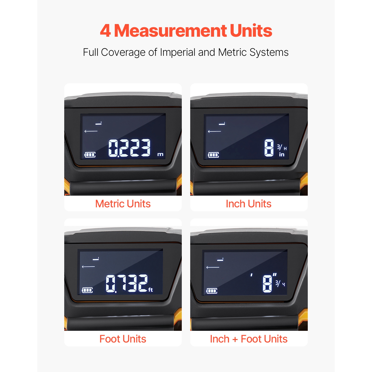 VEVOR 2-in-1 Laser Tape Measure, 135Ft Rechargeable Laser Measurement Tool & 16Ft Measuring Tape with Magnetic, 4 Modes-Length, Area, Volume,