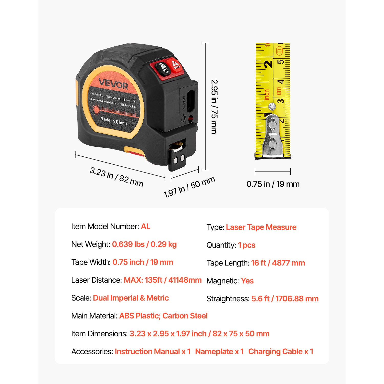 VEVOR 2-in-1 Laser Tape Measure, 135Ft Rechargeable Laser Measurement Tool & 16Ft Measuring Tape with Magnetic, 4 Modes-Length, Area, Volume,