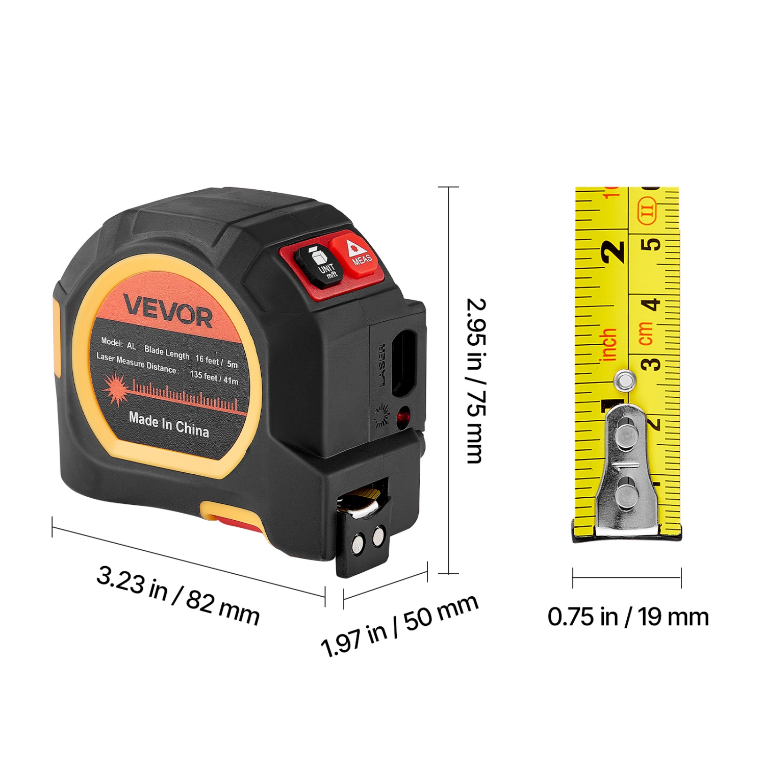 VEVOR 2-in-1 Laser Tape Measure, 135Ft Rechargeable Laser Measurement Tool & 16Ft Measuring Tape with Magnetic, 4 Modes-Length, Area, Volume,