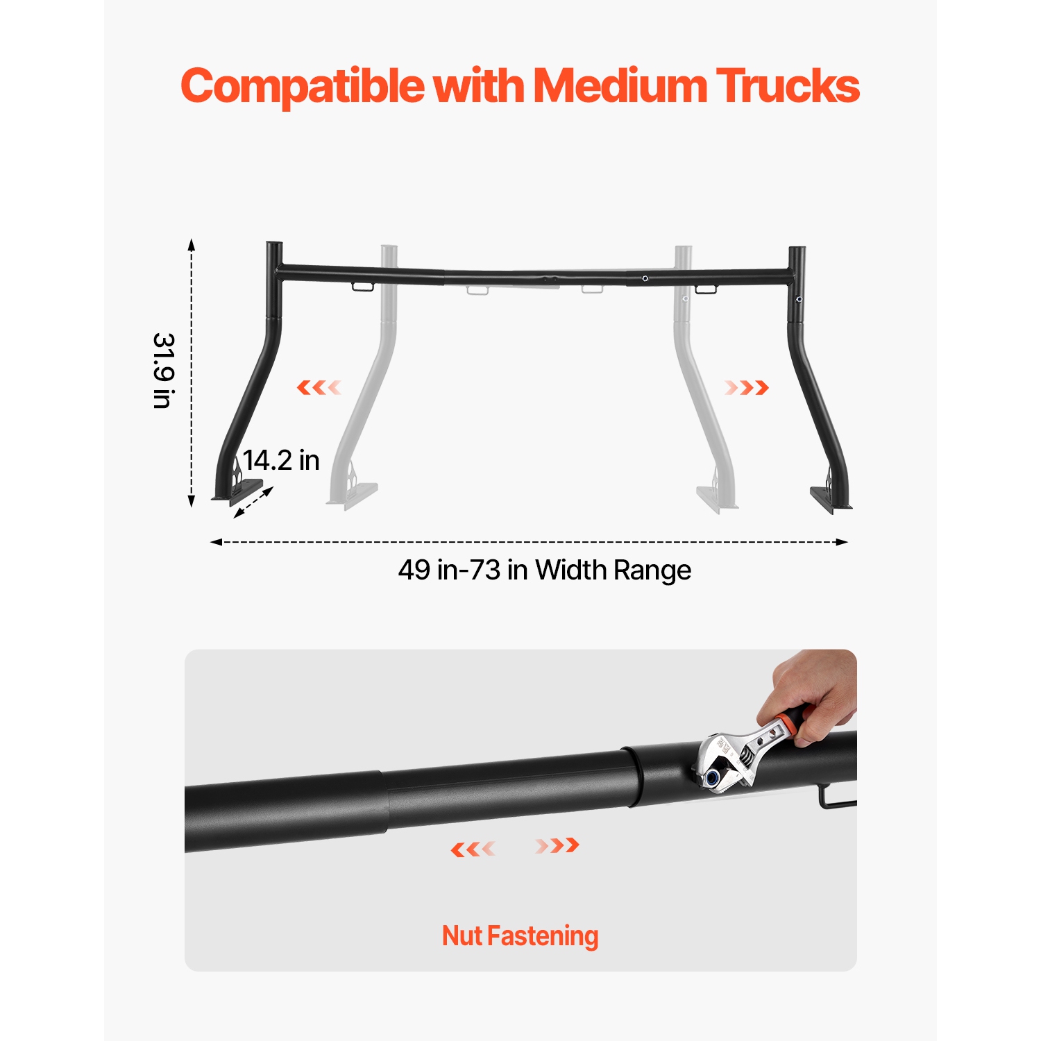 VEVOR 49-73 in Width Truck Ladder Rack, Extendable Universal Cargo Rack, Heavy Duty Steel with 800lbs Static Load Capacity, for Canoes, Surfboards,
