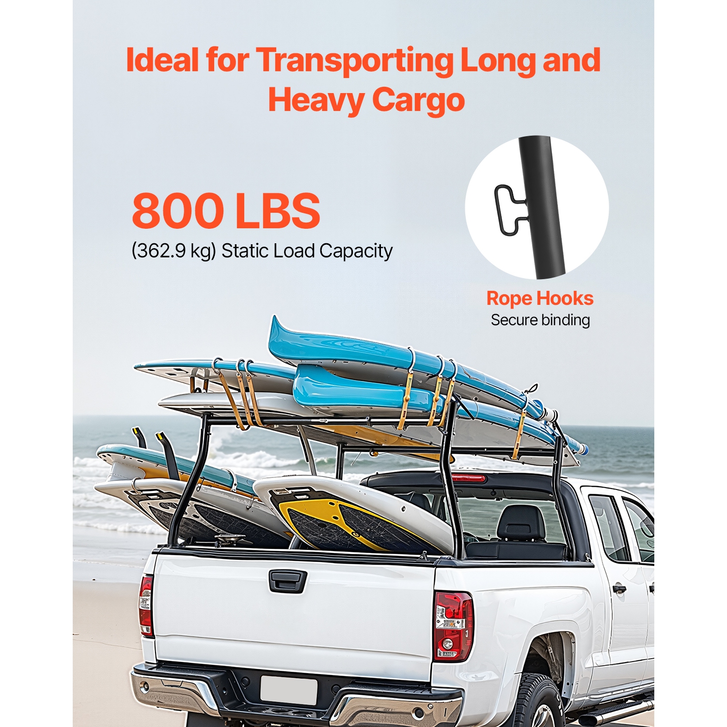VEVOR 49-73 in Width Truck Ladder Rack, Extendable Universal Cargo Rack, Heavy Duty Steel with 800lbs Static Load Capacity, for Canoes, Surfboards,