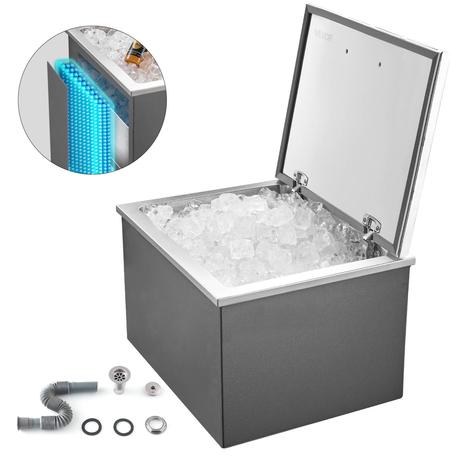 VEVOR 28"L x 20"W x 17"H Drop in Ice Chest,Stainless Steel Drop in Cooler, 113.7 Quart Commercial Ice Bin with Flip Lid for Outdoor Kitchen Patio