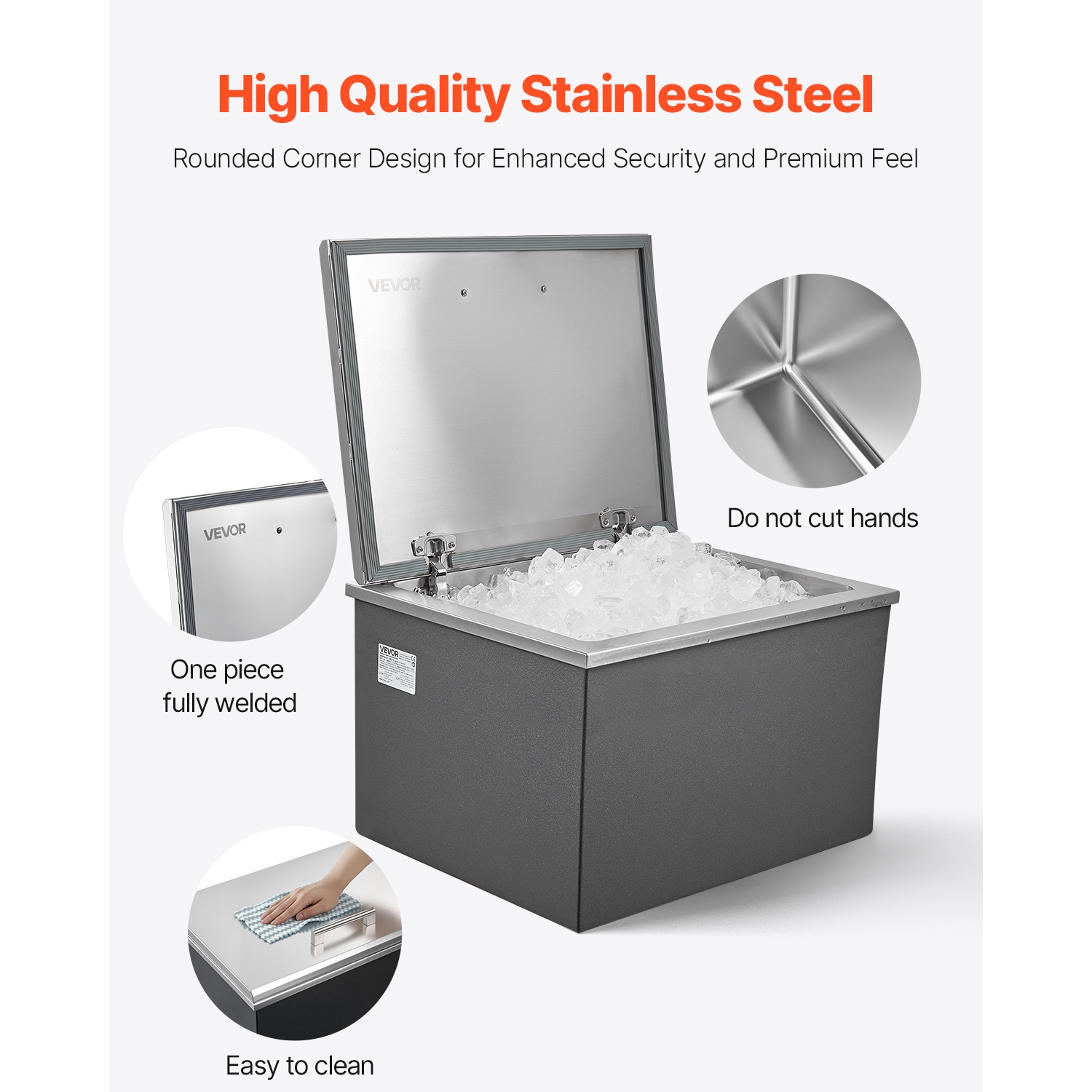 VEVOR 28"L x 20"W x 17"H Drop in Ice Chest,Stainless Steel Drop in Cooler, 113.7 Quart Commercial Ice Bin with Flip Lid for Outdoor Kitchen Patio