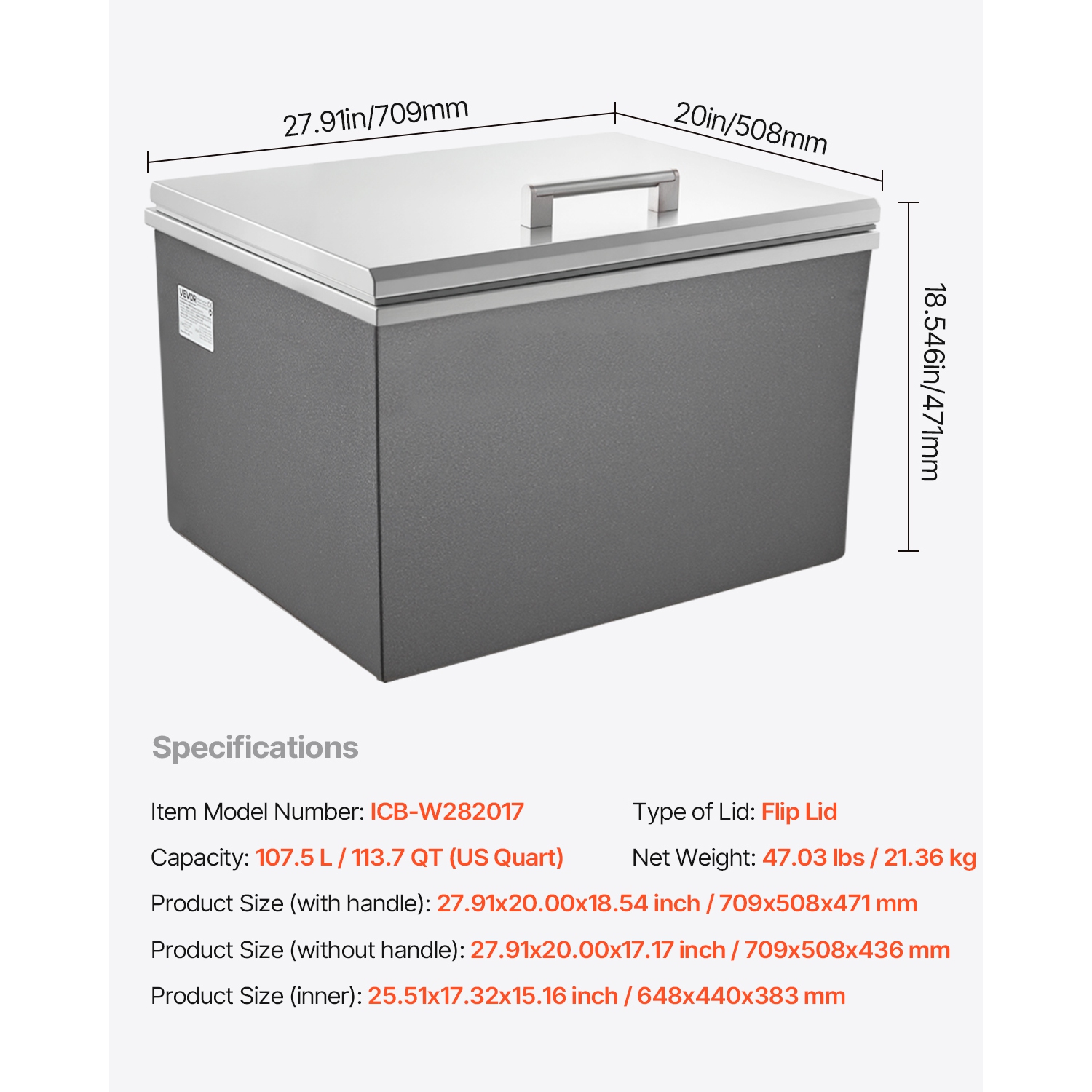 VEVOR 28"L x 20"W x 17"H Drop in Ice Chest,Stainless Steel Drop in Cooler, 113.7 Quart Commercial Ice Bin with Flip Lid for Outdoor Kitchen Patio