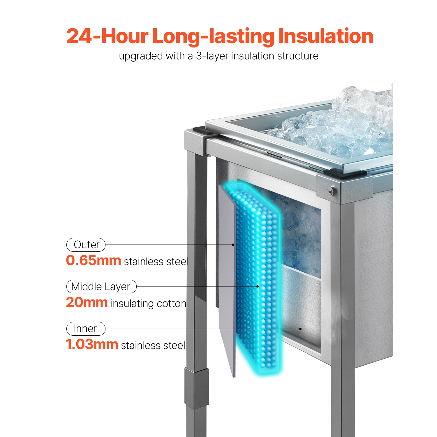 VEVOR 22"L x 16"W x 38"H Rolling Ice Chest Cooler Cart, Stainless Steel Cooling Bin on Wheels, 32.8 Quart Outdoor Stand Up Cooler Trolley with Shelf,