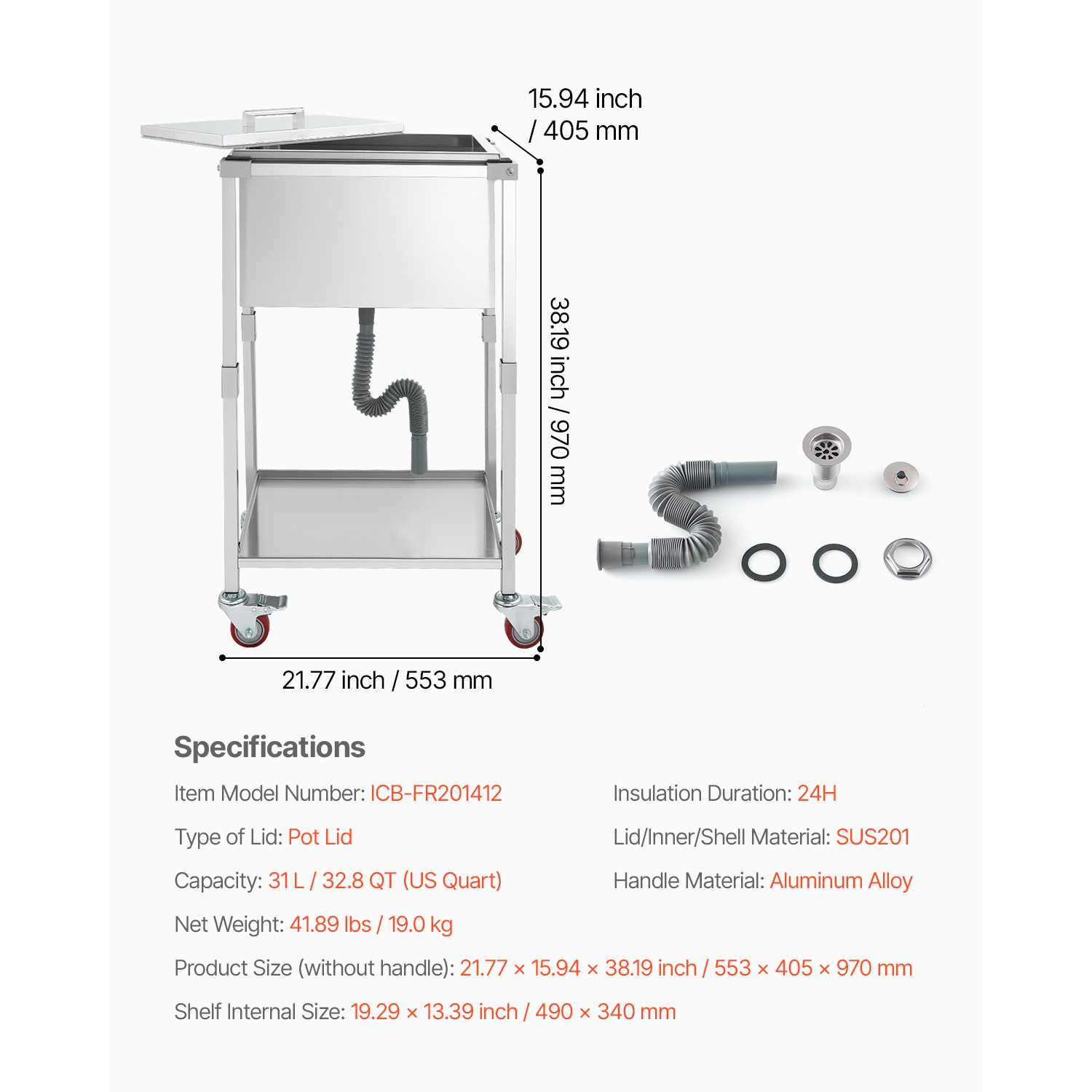 VEVOR 22"L x 16"W x 38"H Rolling Ice Chest Cooler Cart, Stainless Steel Cooling Bin on Wheels, 32.8 Quart Outdoor Stand Up Cooler Trolley with Shelf,