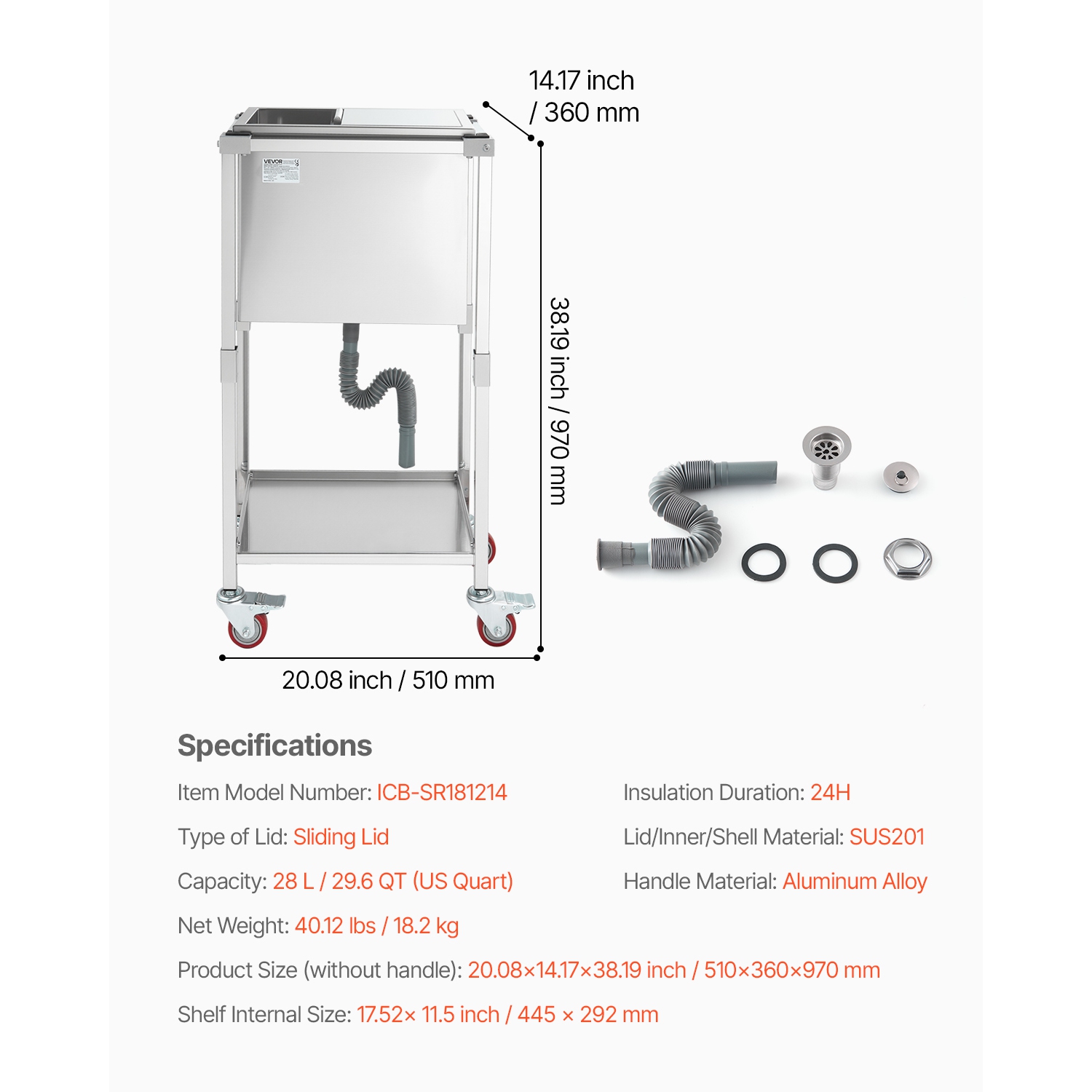VEVOR 20"L x 14"W x 38"H Rolling Ice Chest Cooler Cart, Stainless Steel Cooling Bin on Wheels, 29.6 Quart Outdoor Stand Up Cooler Trolley with Shelf,