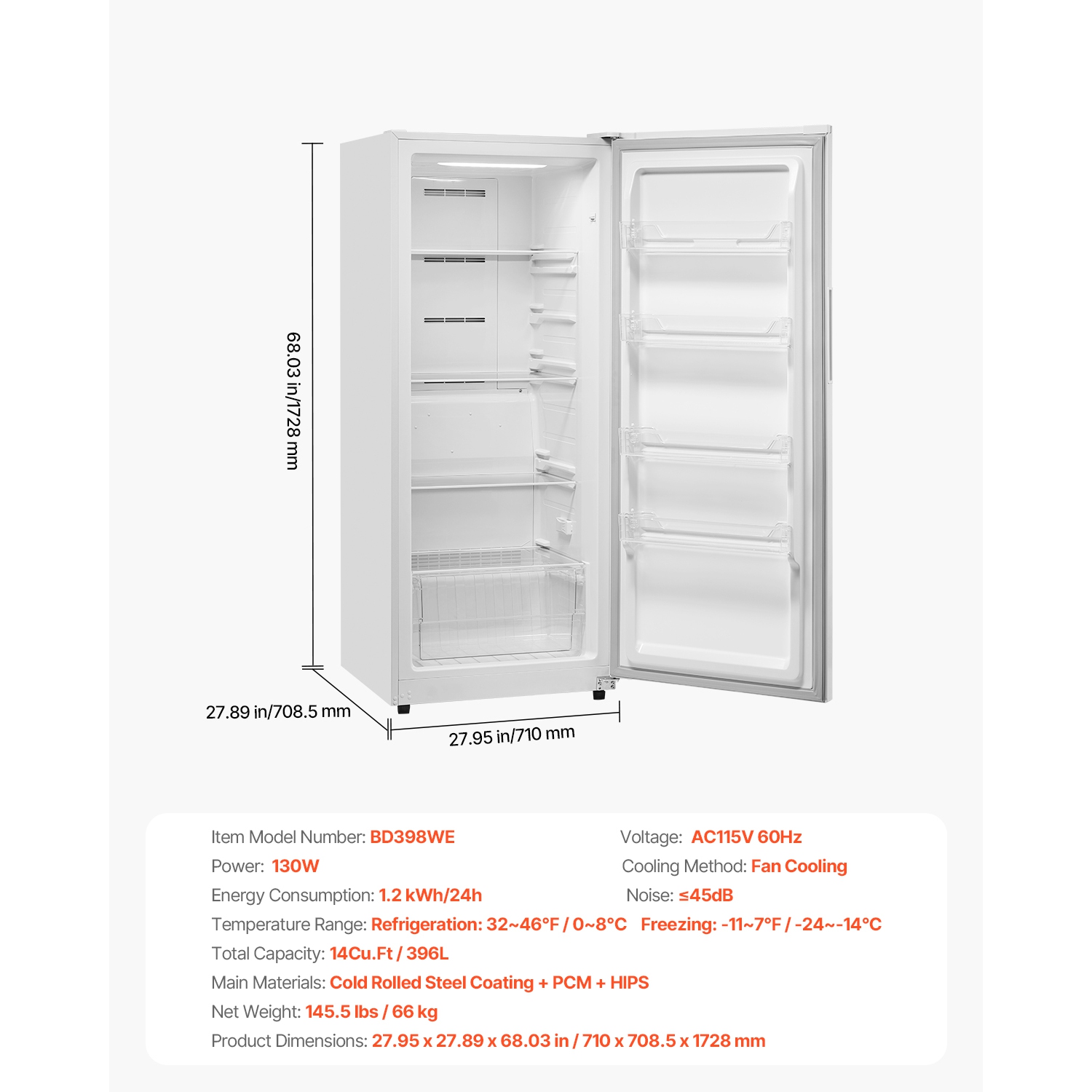VEVOR 14 Cu.Ft Convertible Freezer/Refrigerator, Frost Free Upright Freezer with Temp Control Panel, Door Open too Long Alarm, Adjustable Shelves and
