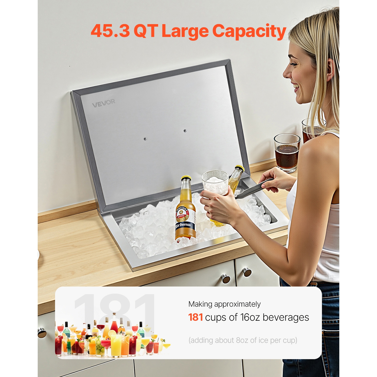 VEVOR 22"L x 17"W x 12"H Drop in Ice Chest, Stainless Steel Drop in Cooler, 45.3 Quart Commercial Ice Bin with Pot Lid for Outdoor Kitchen Patio Bar,