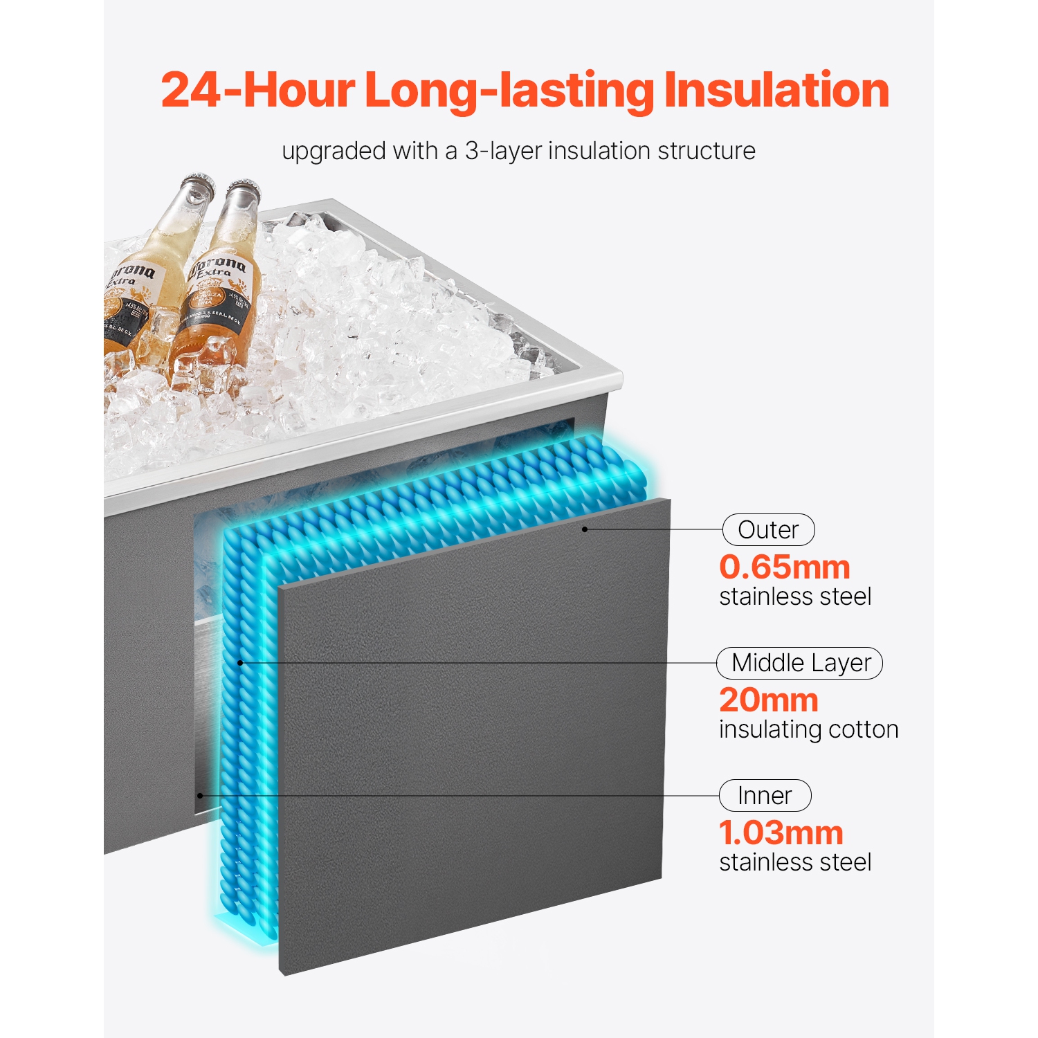 VEVOR 22"L x 17"W x 12"H Drop in Ice Chest, Stainless Steel Drop in Cooler, 45.3 Quart Commercial Ice Bin with Pot Lid for Outdoor Kitchen Patio Bar,