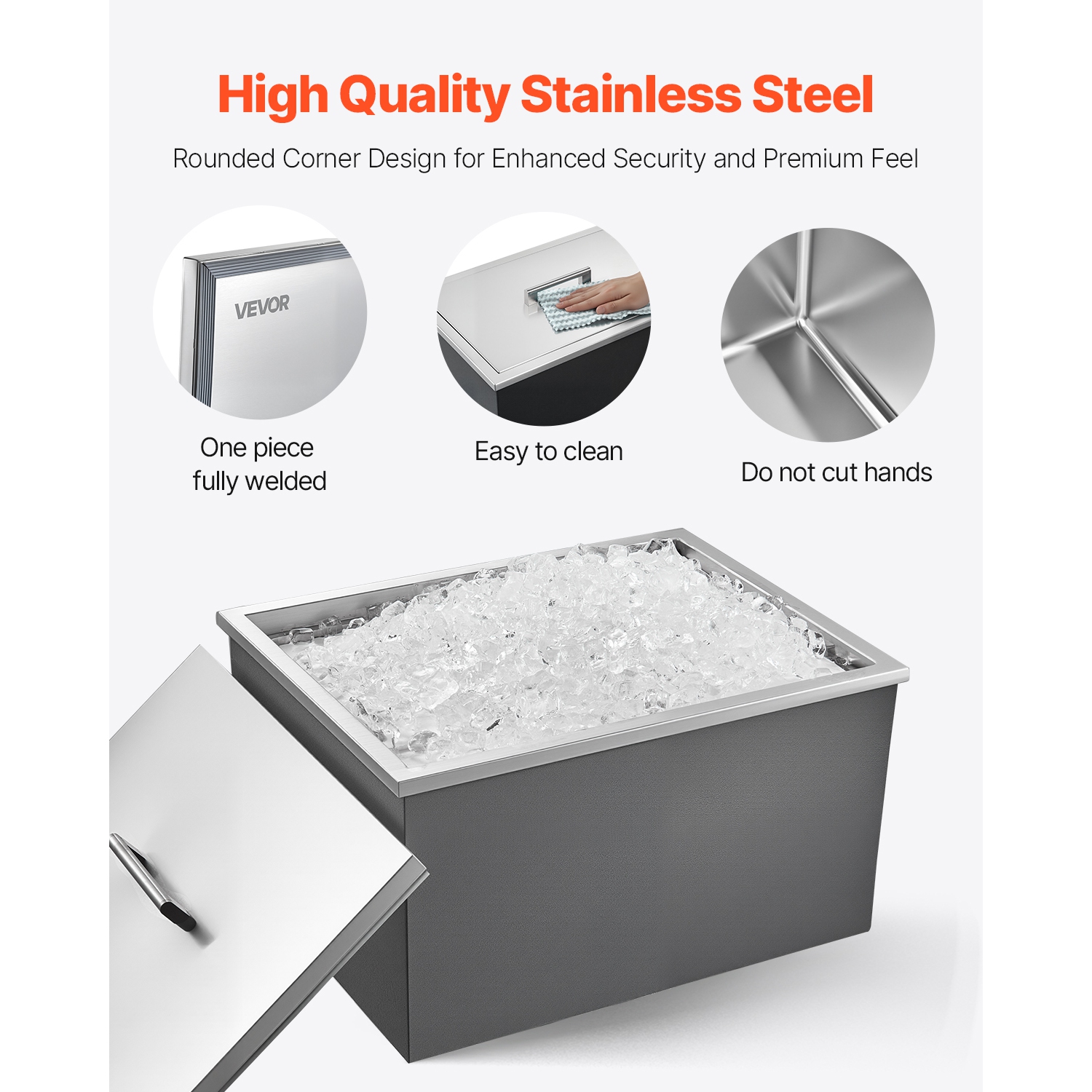 VEVOR 22"L x 17"W x 12"H Drop in Ice Chest, Stainless Steel Drop in Cooler, 45.3 Quart Commercial Ice Bin with Pot Lid for Outdoor Kitchen Patio Bar,