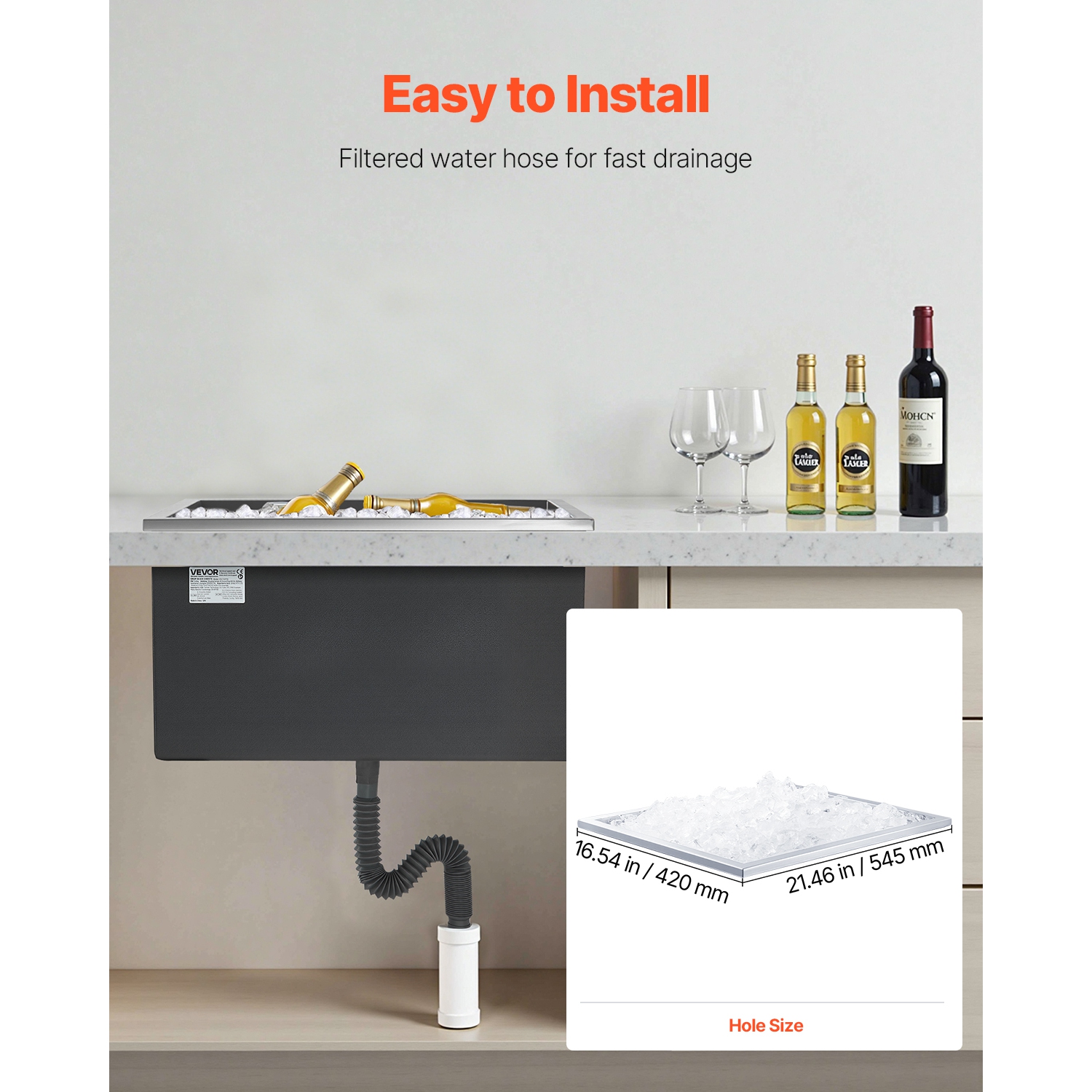 VEVOR 22"L x 17"W x 12"H Drop in Ice Chest, Stainless Steel Drop in Cooler, 45.3 Quart Commercial Ice Bin with Pot Lid for Outdoor Kitchen Patio Bar,