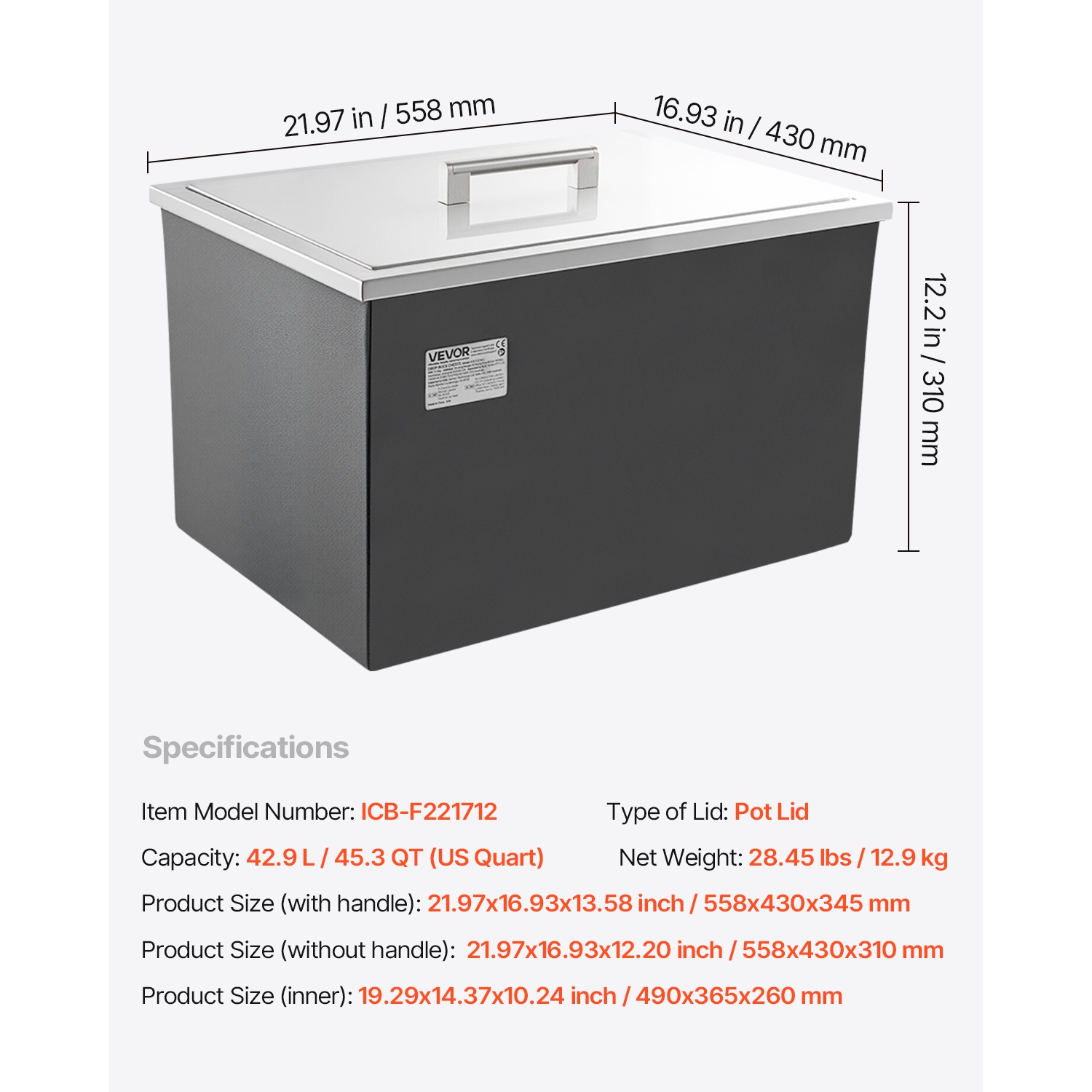 VEVOR 22"L x 17"W x 12"H Drop in Ice Chest, Stainless Steel Drop in Cooler, 45.3 Quart Commercial Ice Bin with Pot Lid for Outdoor Kitchen Patio Bar,