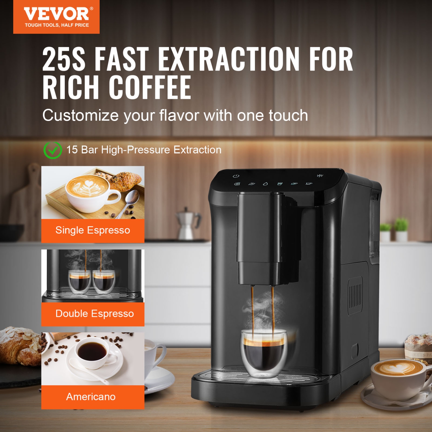 VEVOR 15-Bar Automatic Espresso Machine - Built-In Grinder, with 15-Level Grinding Settings, Professional Espresso Coffee Maker with 1.5L Water Tank