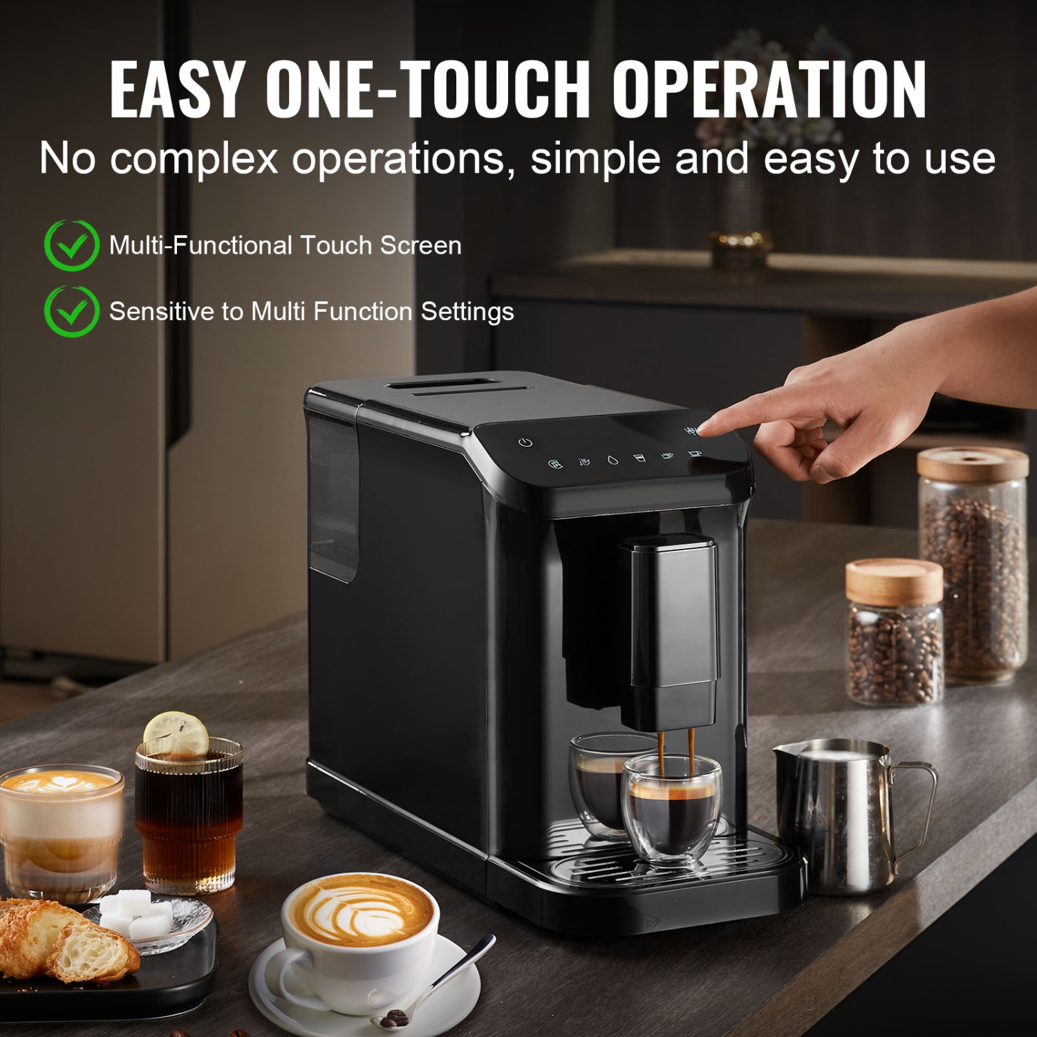 VEVOR 15-Bar Automatic Espresso Machine - Built-In Grinder, with 15-Level Grinding Settings, Professional Espresso Coffee Maker with 1.5L Water Tank