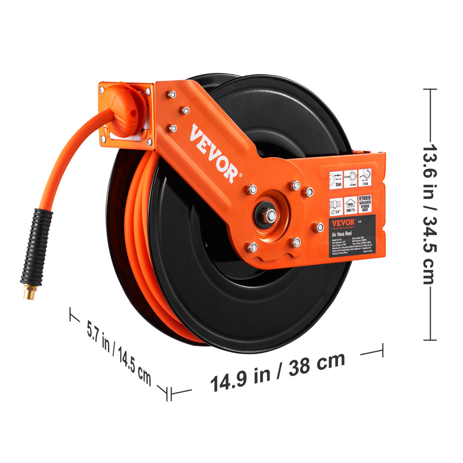 VEVOR 3/8 IN x 50 FT Retractable Air Hose Reel, Hybrid Air Hose Max 300PSI, Air Compressor Hose Reel with 5 In Lead in, Ceiling / Wall Mount Heavy