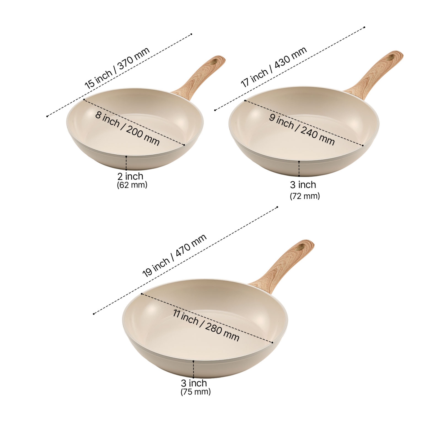 VEVOR 3-Piece Frying Pan Skillet(8/9.5/11in), Aluminum Pans, Nonsitck Ceramic Heavy-Duty Skillets with Heat-Resistant Handle, Kitchen Cookware for