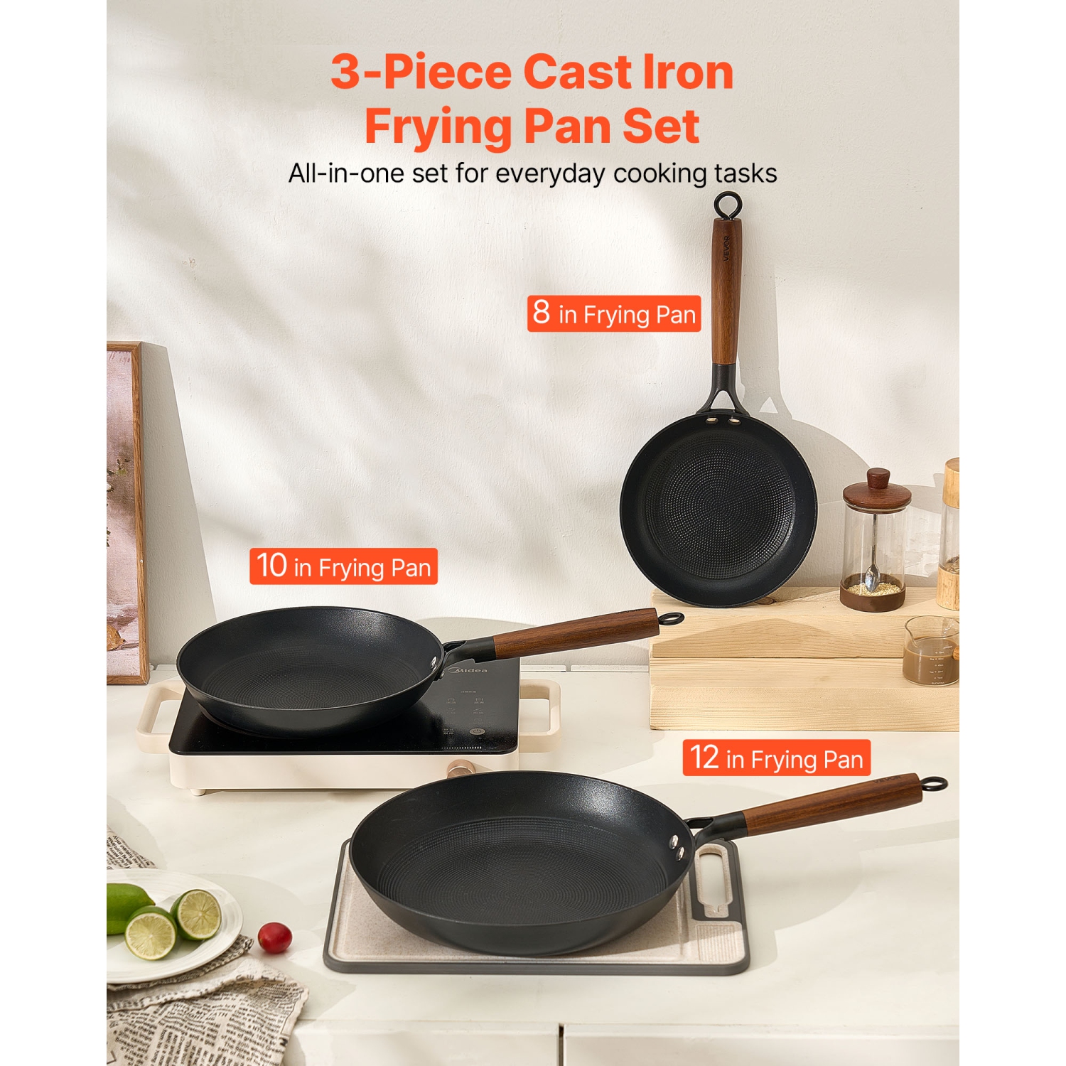 VEVOR 3-Piece Cast Iron Skillet, Frying Pan Set, Nonstick Skillets with Detachable Wood Handle, Pre-Seasoned Pan, Cookware for Gas, Electrical, and