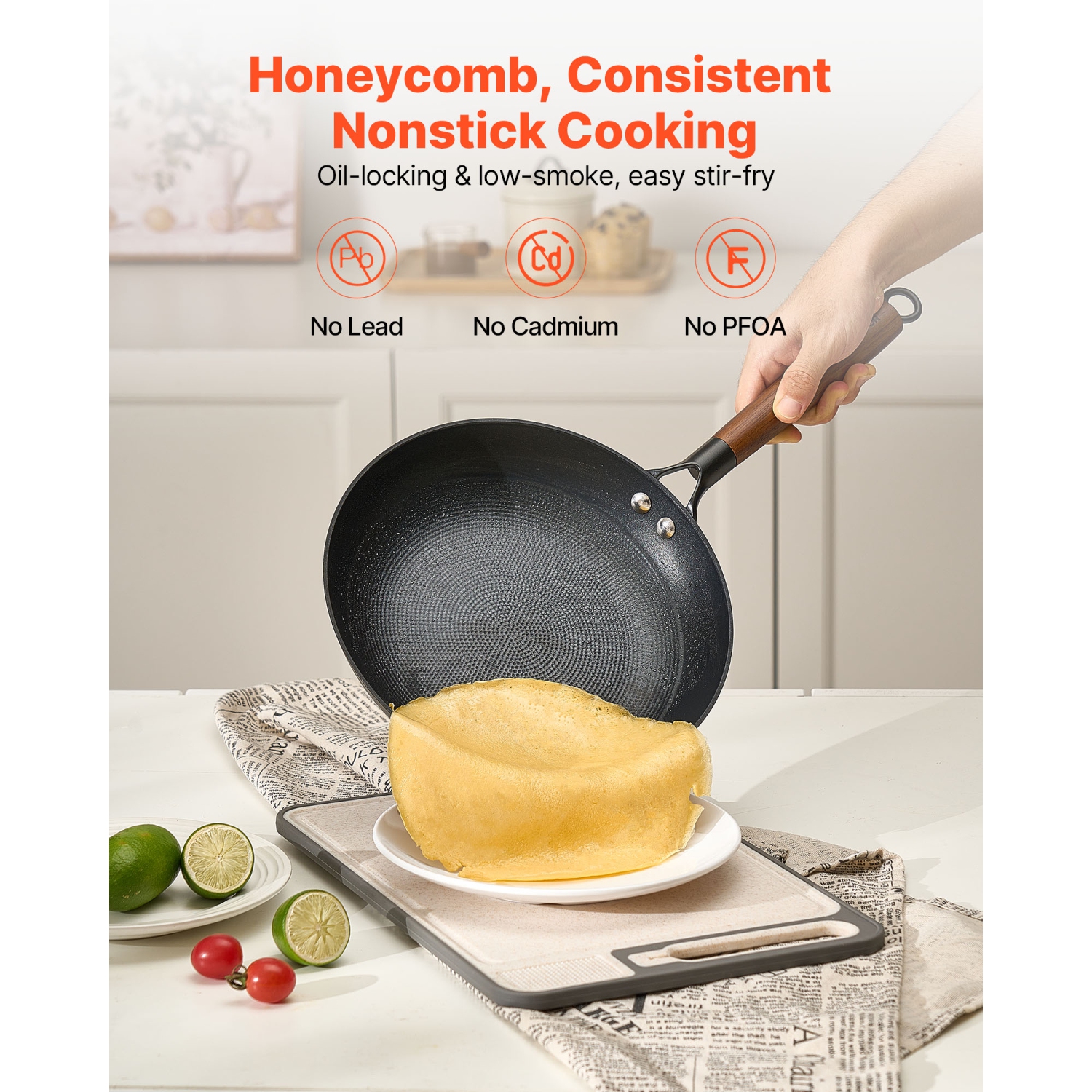 VEVOR 3-Piece Cast Iron Skillet, Frying Pan Set, Nonstick Skillets with Detachable Wood Handle, Pre-Seasoned Pan, Cookware for Gas, Electrical, and