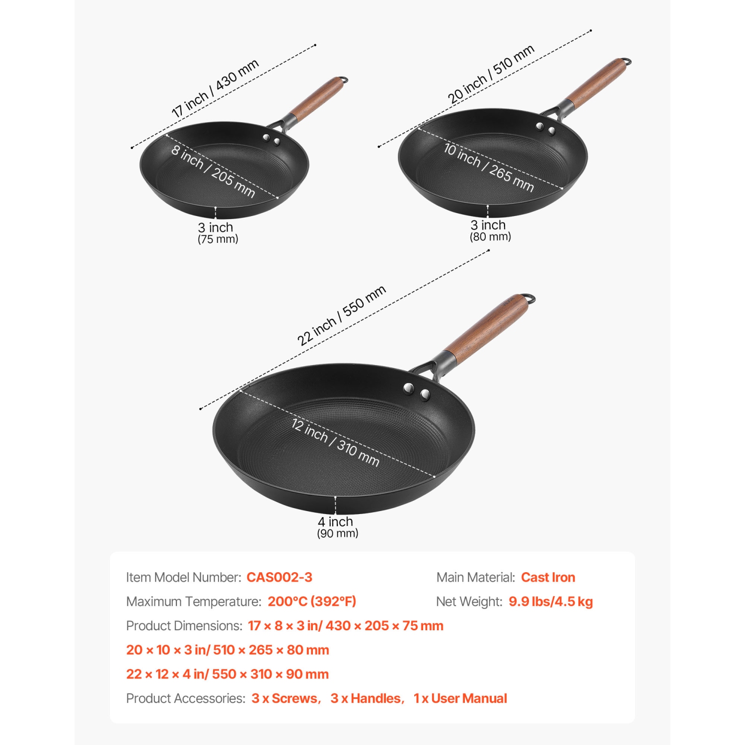 VEVOR 3-Piece Cast Iron Skillet, Frying Pan Set, Nonstick Skillets with Detachable Wood Handle, Pre-Seasoned Pan, Cookware for Gas, Electrical, and