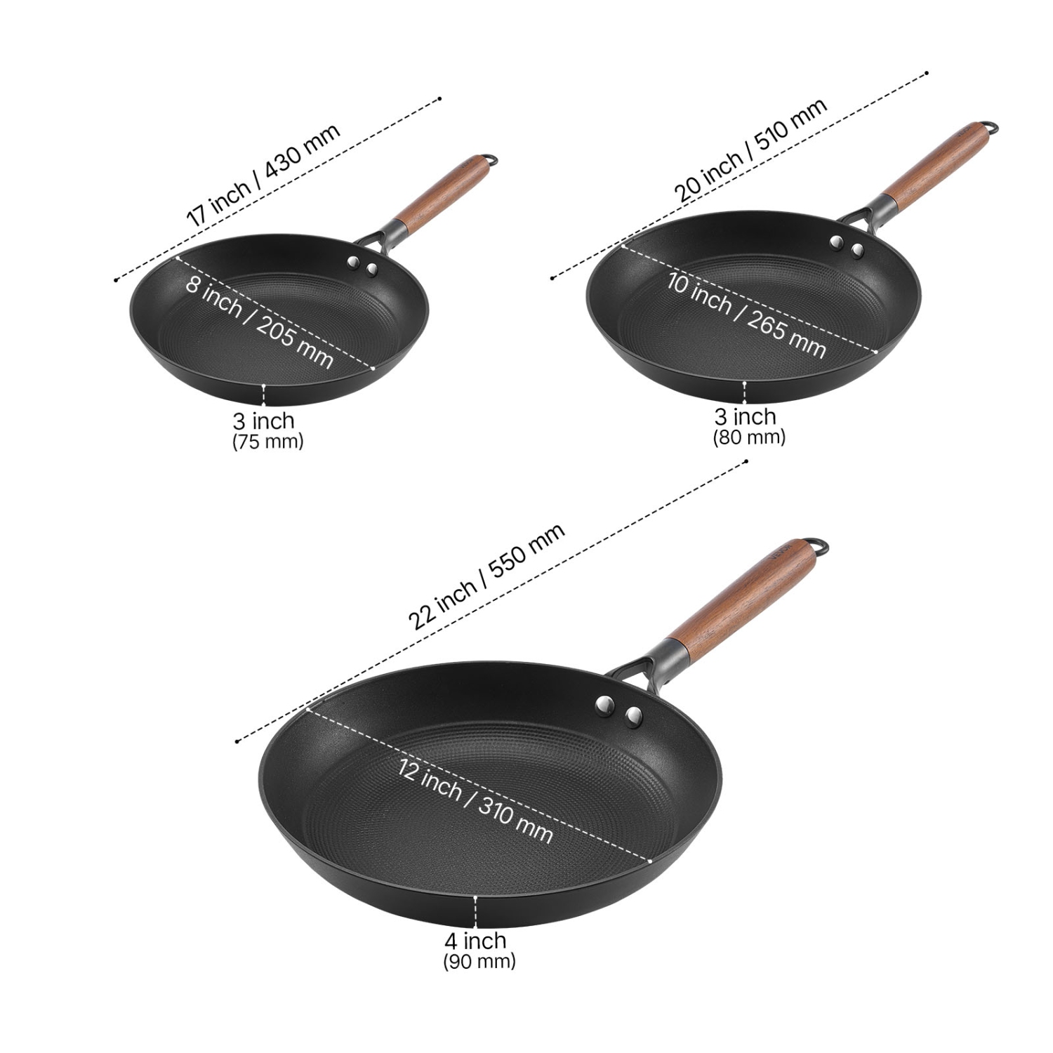 VEVOR 3-Piece Cast Iron Skillet, Frying Pan Set, Nonstick Skillets with Detachable Wood Handle, Pre-Seasoned Pan, Cookware for Gas, Electrical, and