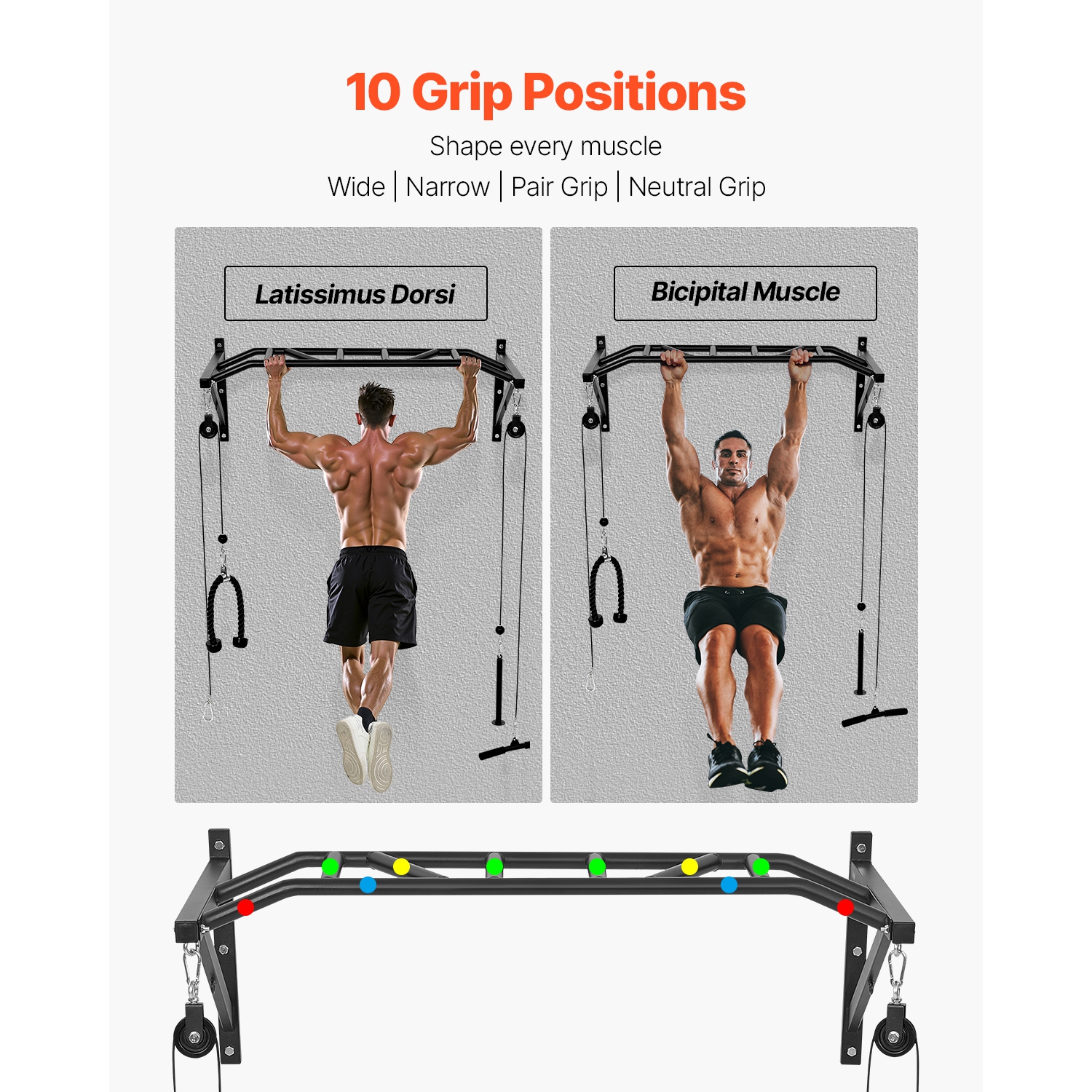 VEVOR 50 in Width Pull Up Bar, Multi-Grip Wall Mounted Pull Ups, Multifunctional Chin Up Training Station, Steel Upper Body Workout Bars with LAT