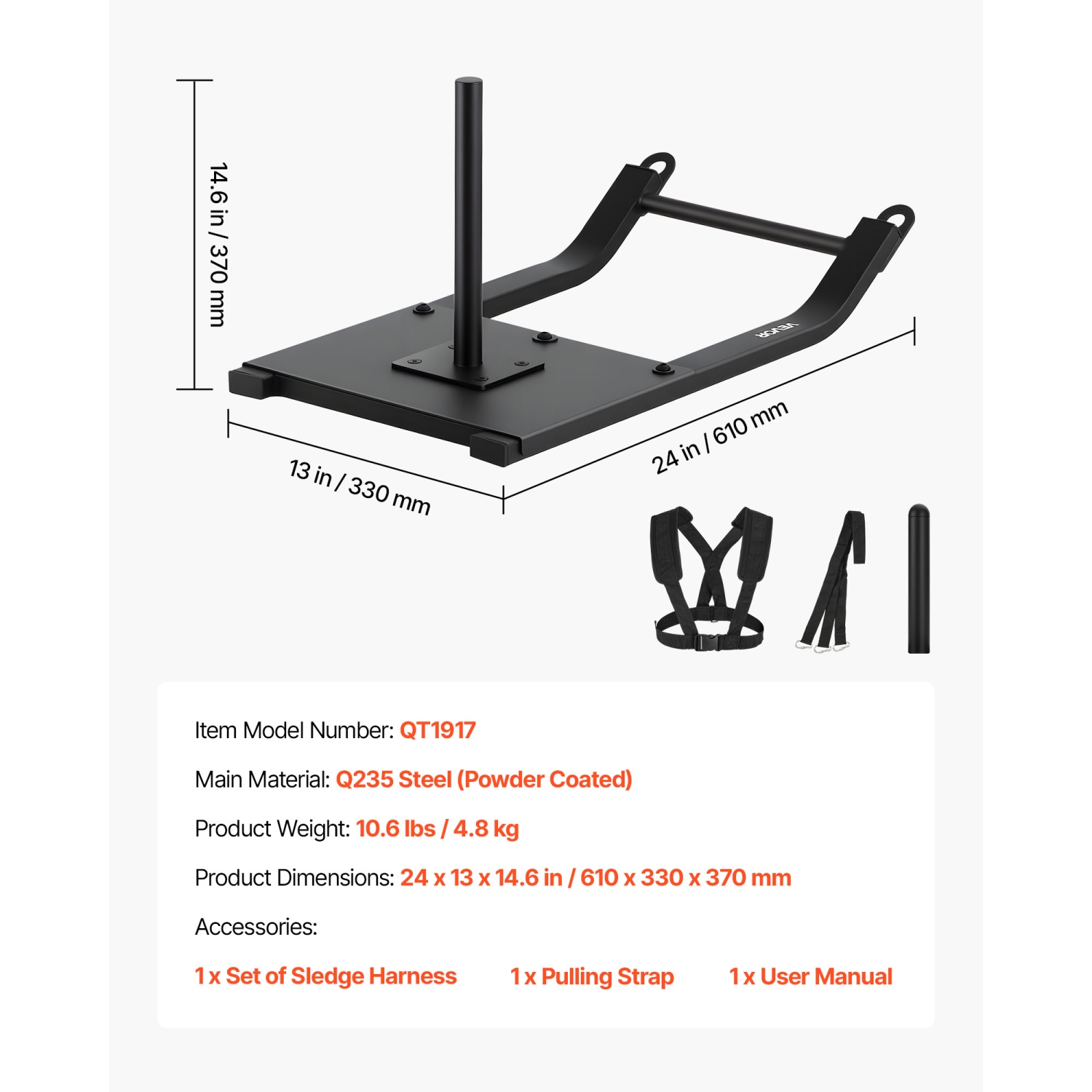 VEVOR Weight Sled, Steel Power Sled, Fitness Strength Training Sleds for Athletic Exercise Speed Improvement, with Harness, Compatible with 1/2 in