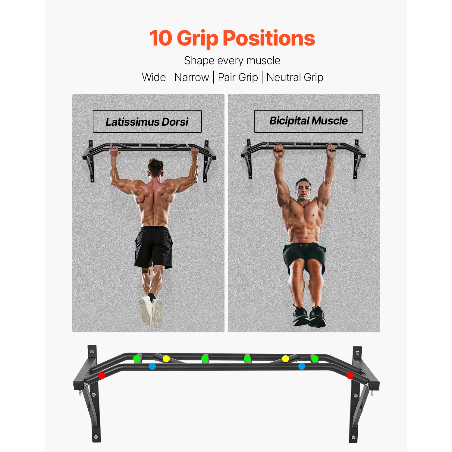 VEVOR 50 in Width Pull Up Bar, Multi-Grip Wall Mounted Pull Ups, Multifunctional Chin Up Training Station, Steel Upper Body Workout Bars with
