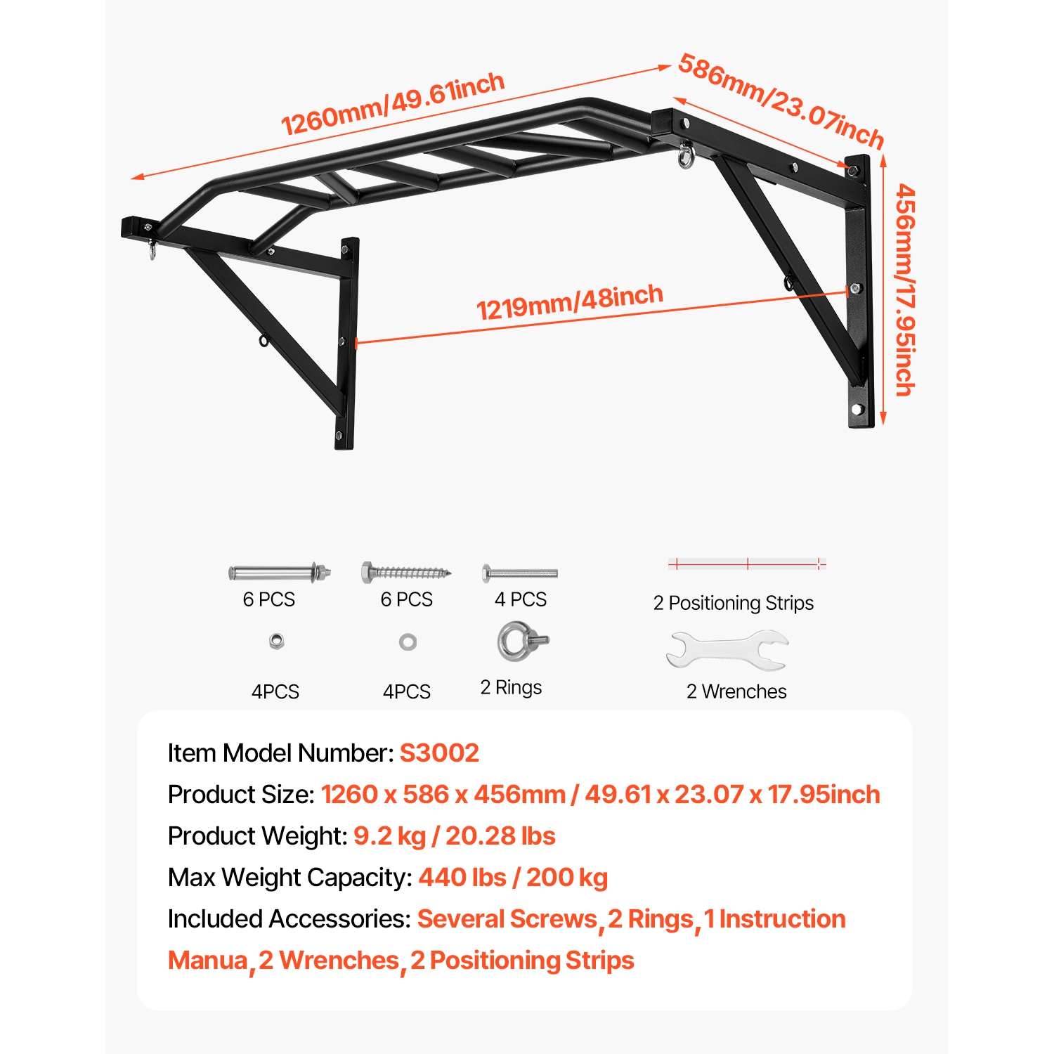 VEVOR 50 in Width Pull Up Bar, Multi-Grip Wall Mounted Pull Ups, Multifunctional Chin Up Training Station, Steel Upper Body Workout Bars with