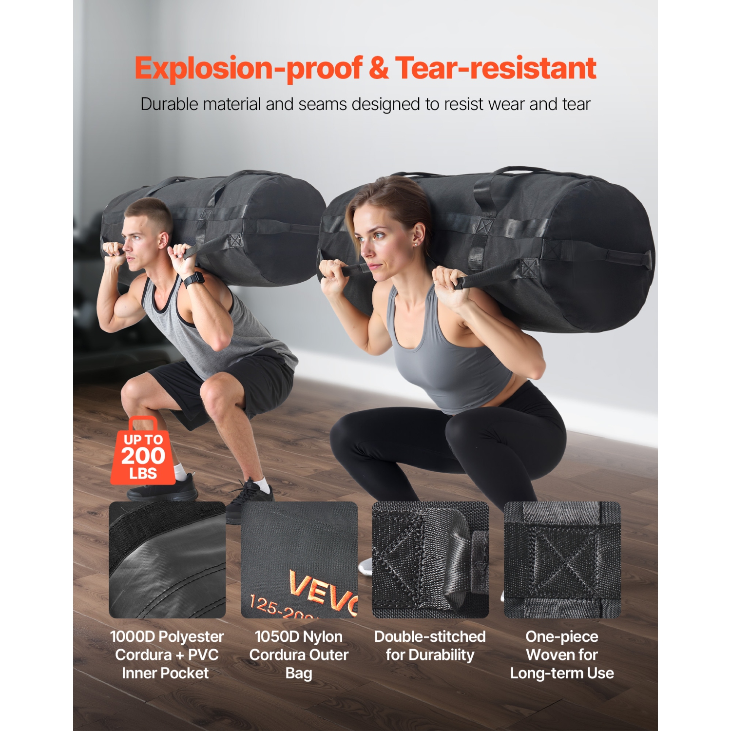 VEVOR 125-200 lbs Workout Sandbag, Heavy Duty Workout Power Bags with Handles, Adjustable Slam Bag for Fitness Strength Weight Training