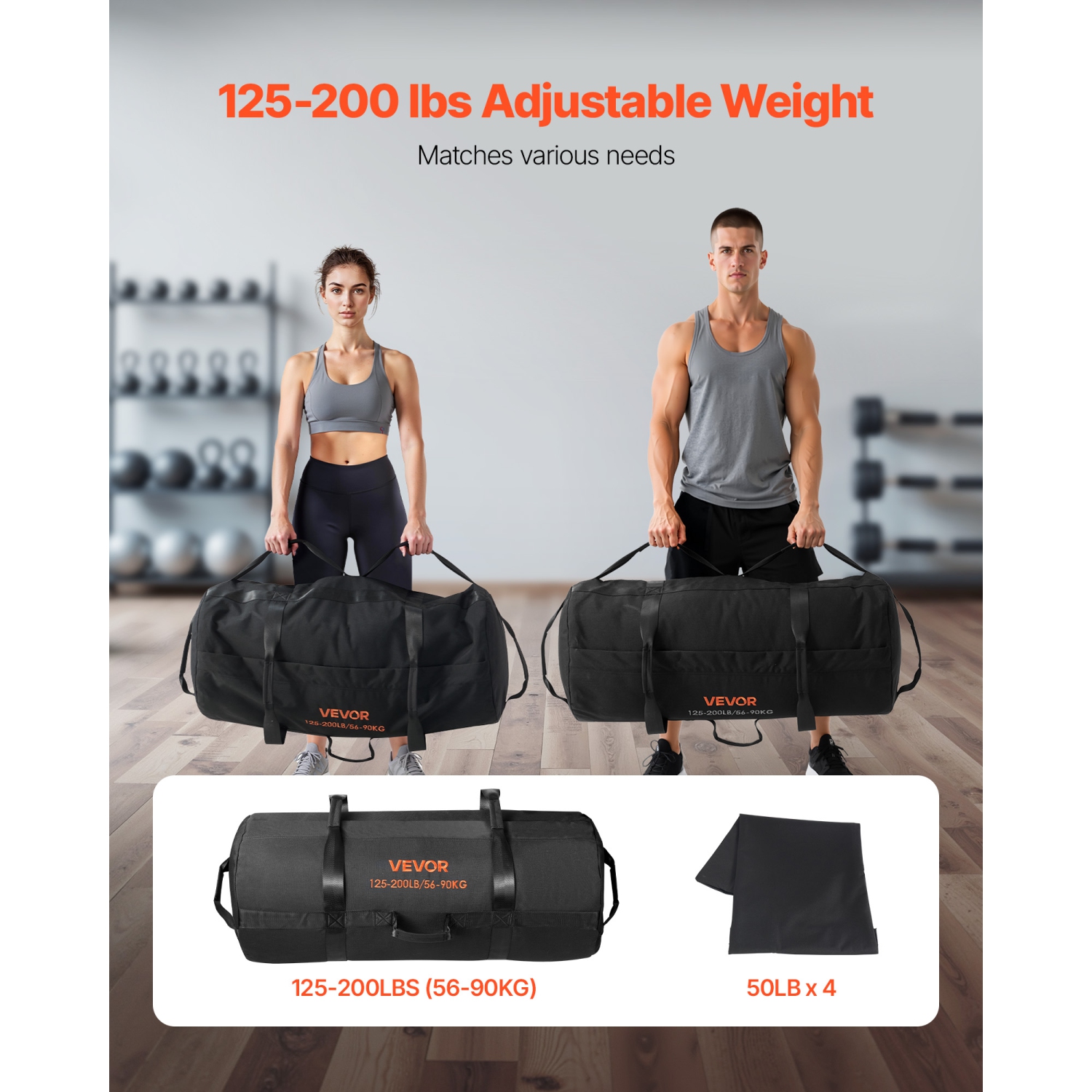 VEVOR 125-200 lbs Workout Sandbag, Heavy Duty Workout Power Bags with Handles, Adjustable Slam Bag for Fitness Strength Weight Training
