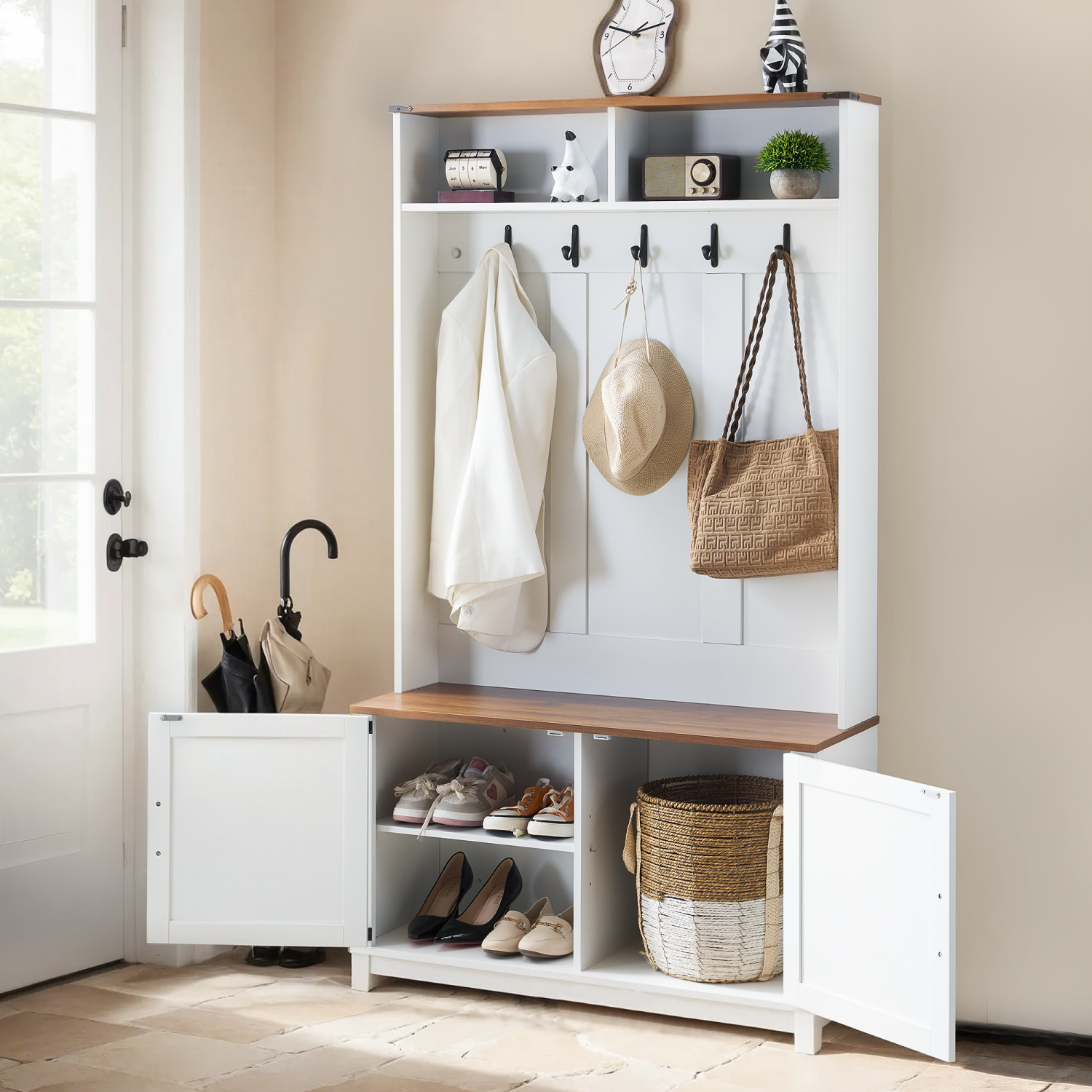 Portemanteau d'entrée 5-en-1 U-HOMY avec banc, rangement pour chaussures et crochets - Blanc