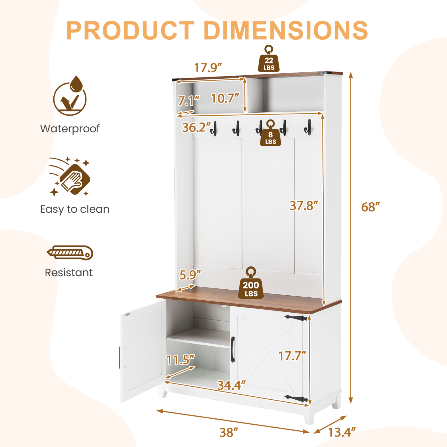 Portemanteau d'entrée 5-en-1 U-HOMY avec banc, rangement pour chaussures et crochets - Blanc