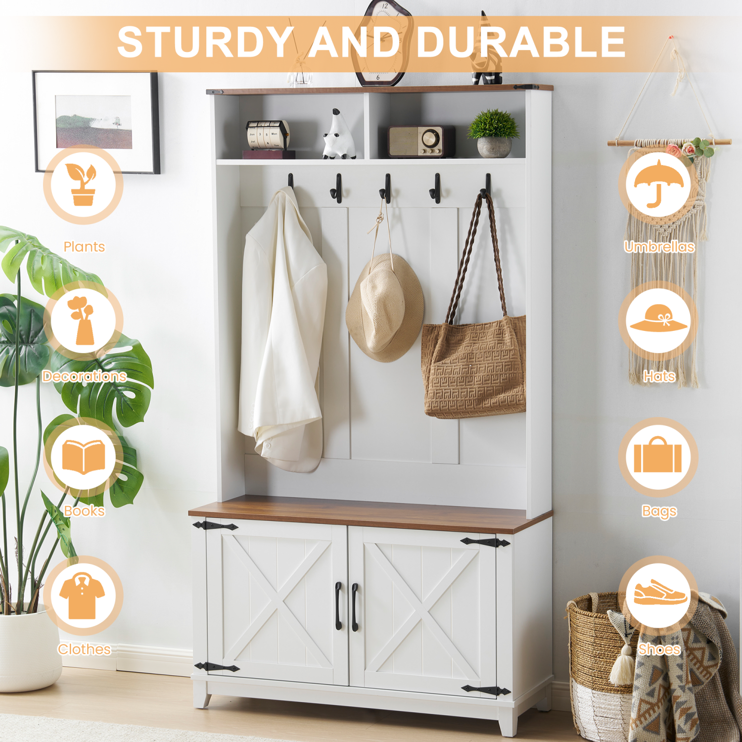 Portemanteau d'entrée 5-en-1 U-HOMY avec banc, rangement pour chaussures et crochets - Blanc