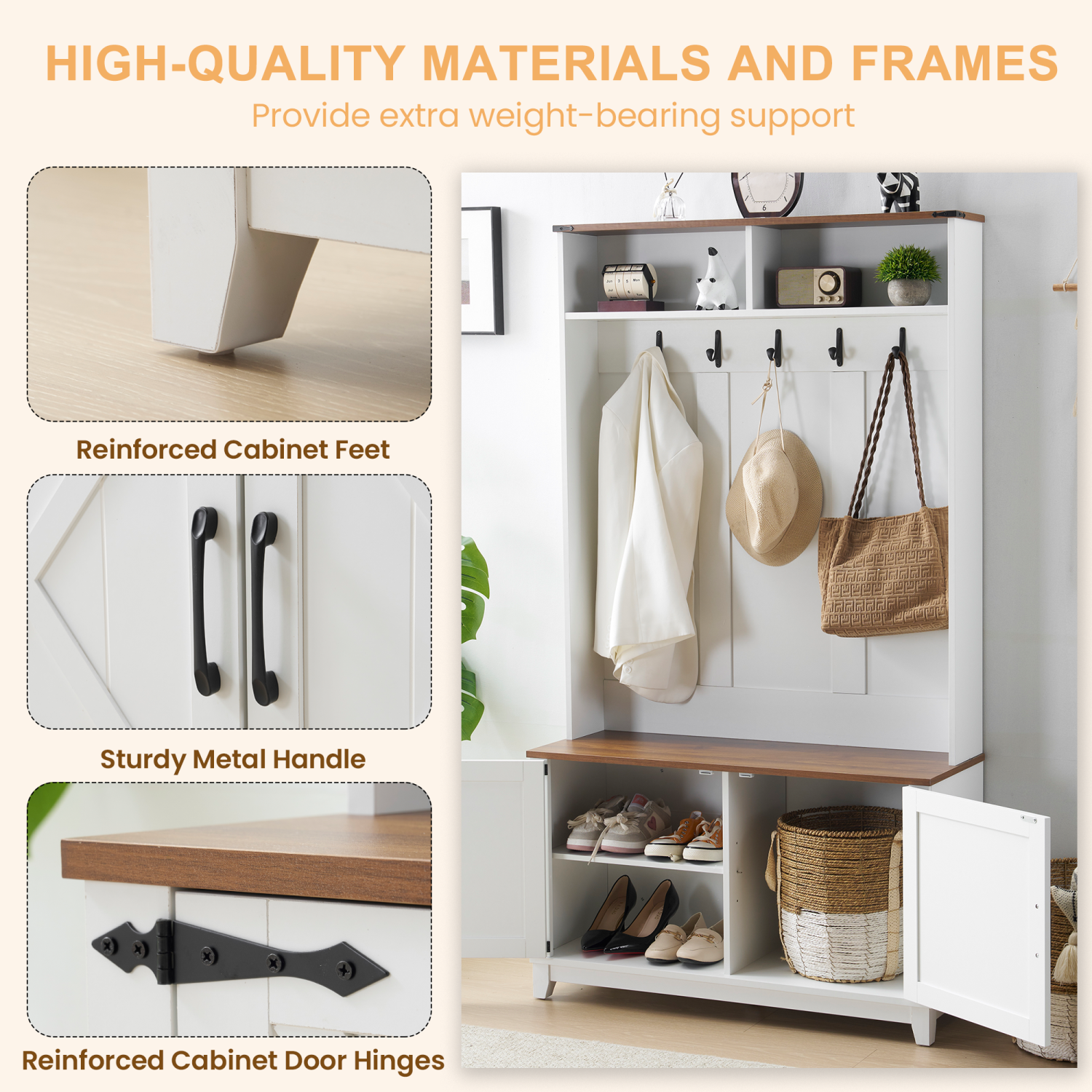 Portemanteau d'entrée 5-en-1 U-HOMY avec banc, rangement pour chaussures et crochets - Blanc