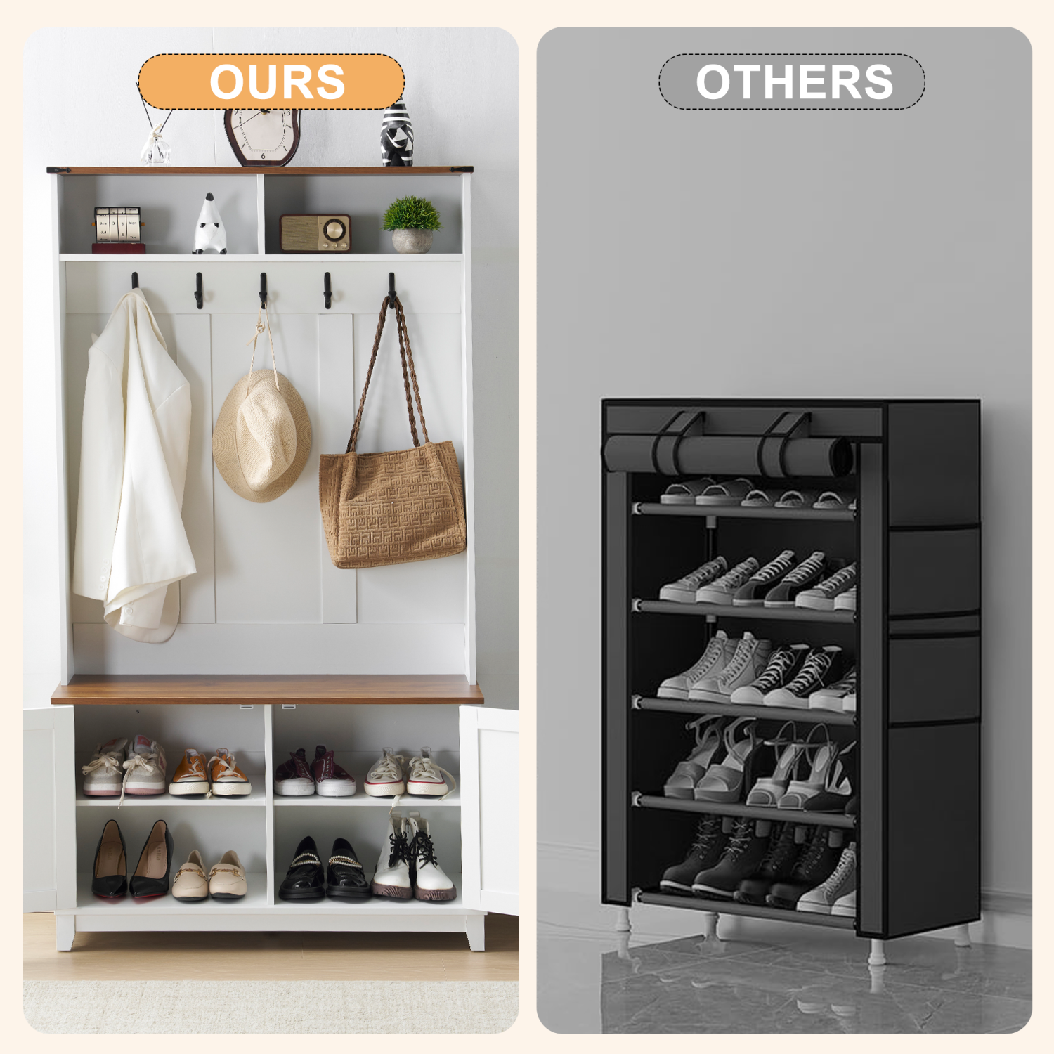 Portemanteau d'entrée 5-en-1 U-HOMY avec banc, rangement pour chaussures et crochets - Blanc