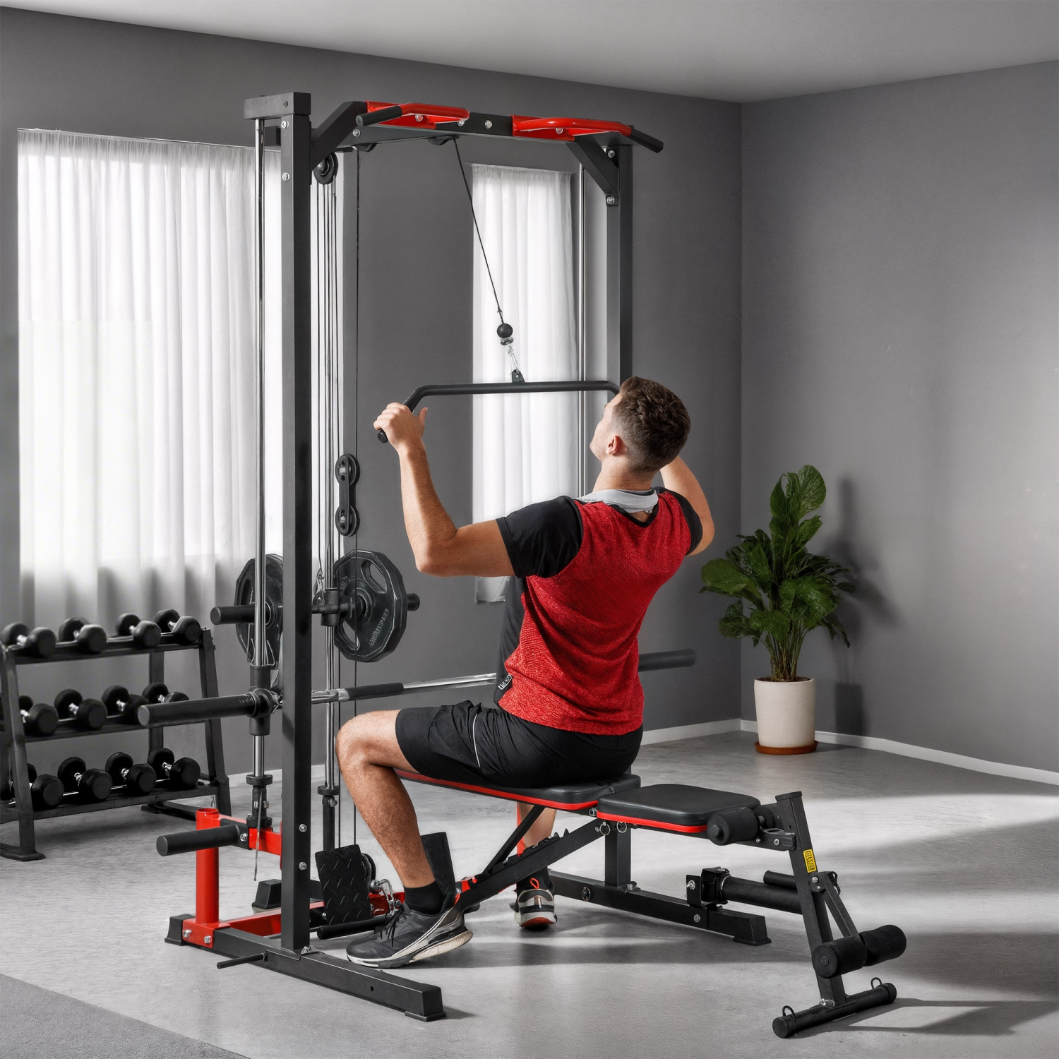Soozier Power Cage Smith Machine, Multi-Function Power Rack with Pull Up Bar, Lat Pull Down System, Squat Rack, Barbell Bar, Landmine, Plate Storage