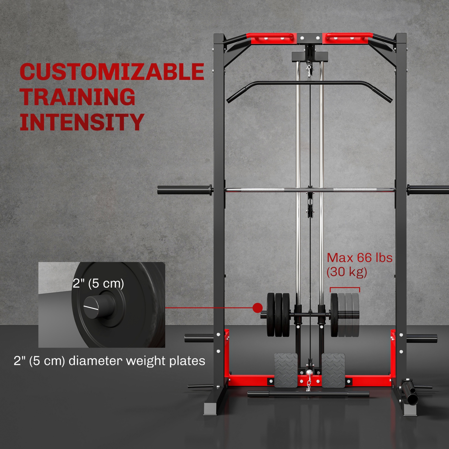 Soozier Power Cage Smith Machine, Multi-Function Power Rack with Pull Up Bar, Lat Pull Down System, Squat Rack, Barbell Bar, Landmine, Plate Storage