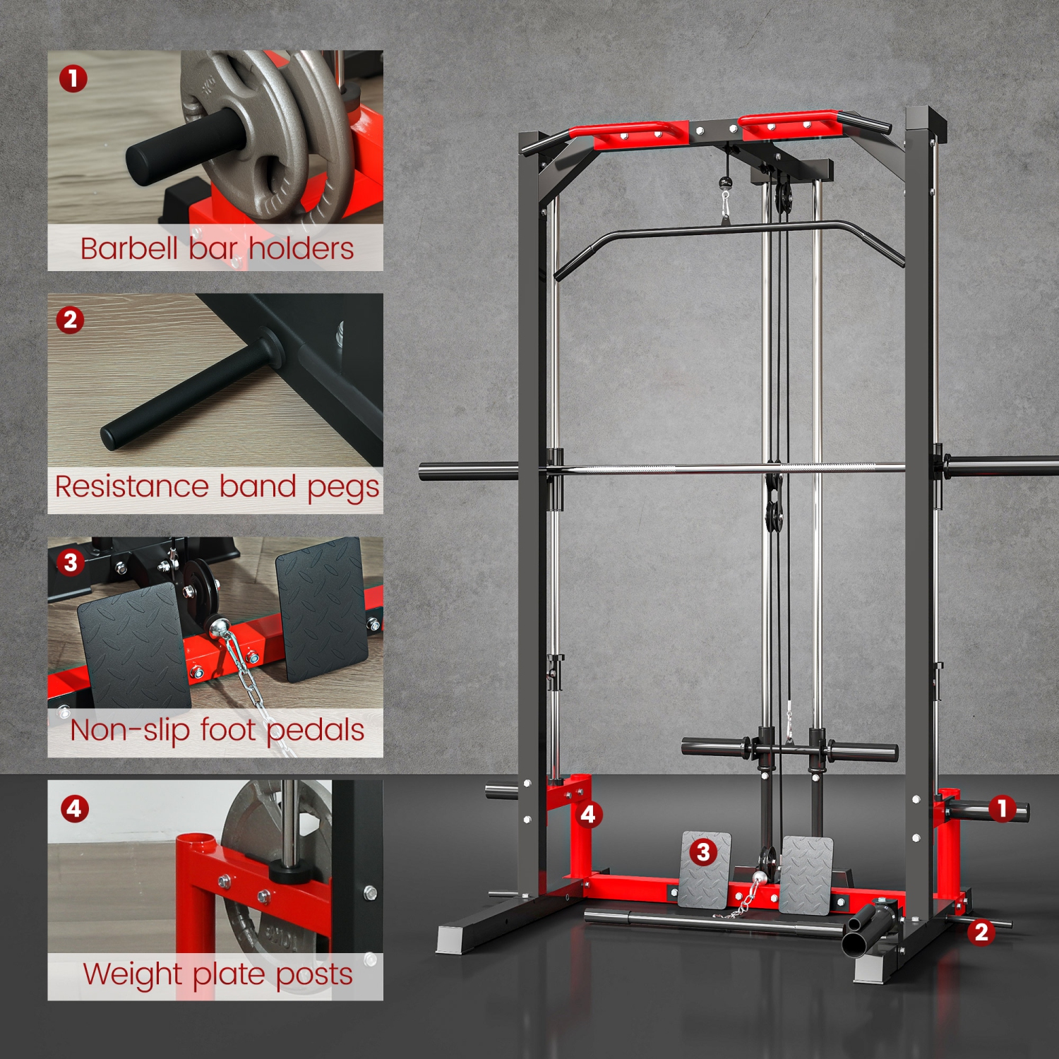 Soozier Power Cage Smith Machine, Multi-Function Power Rack with Pull Up Bar, Lat Pull Down System, Squat Rack, Barbell Bar, Landmine, Plate Storage