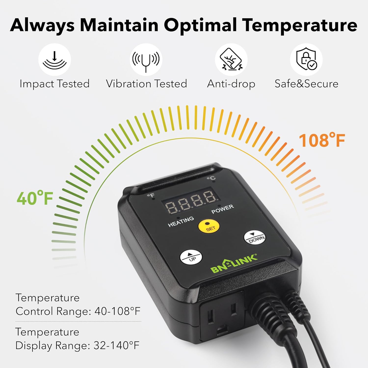 BN-LINK Digital Heat Mat Thermostat Controller for Seed Germination, Reptiles and Brewing Breeding Incubation Greenhouse, 40-108°F, 8.3A 1000W ETL