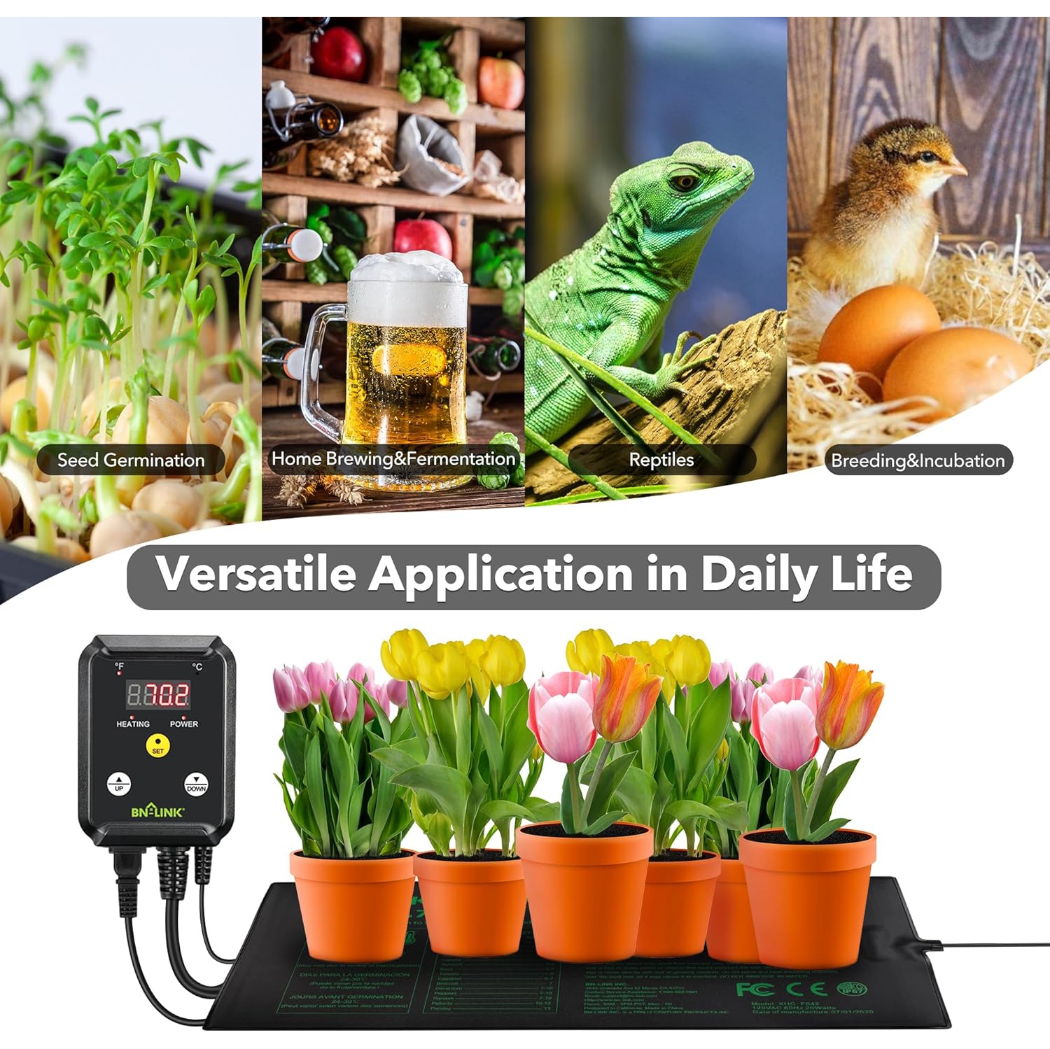 BN-LINK Digital Heat Mat Thermostat Controller for Seed Germination, Reptiles and Brewing Breeding Incubation Greenhouse, 40-108°F, 8.3A 1000W ETL