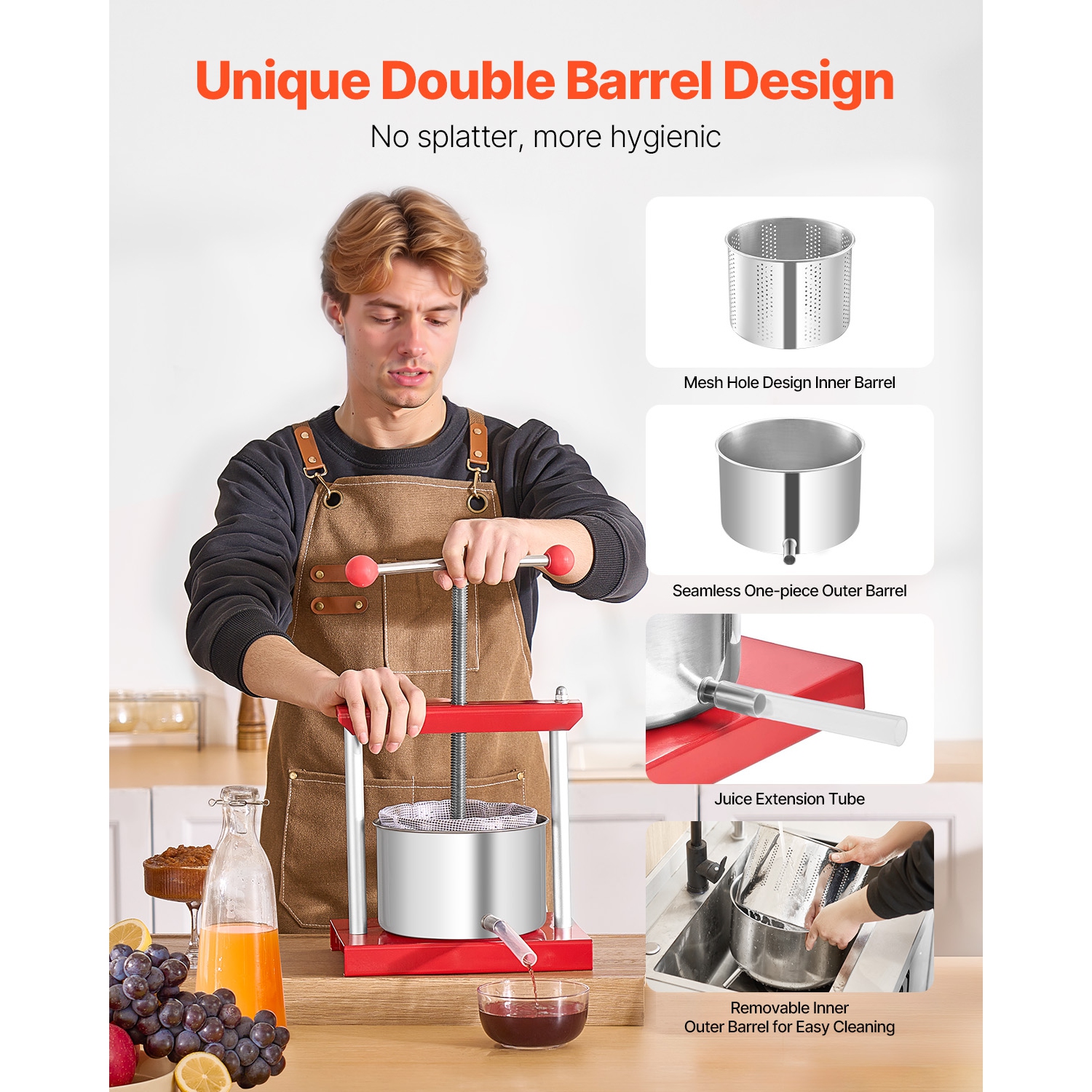 VEVOR 0.8 Gal/ 3 L Fruit Wine Press, 2 Stainless Steel Barrels, Manual Juice Maker, Cider Apple Grape Tincture Honey Olive Oil Making Press with