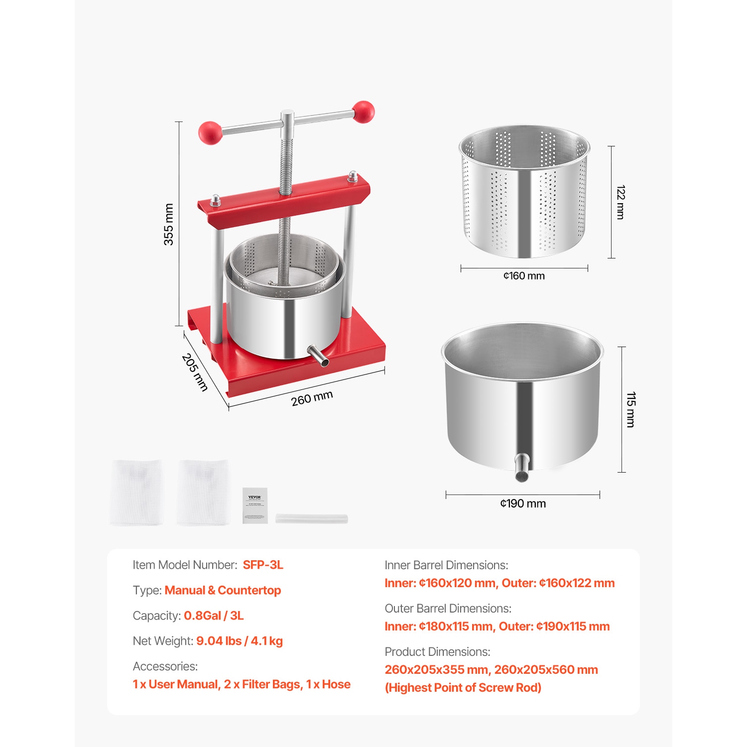 VEVOR 0.8 Gal/ 3 L Fruit Wine Press, 2 Stainless Steel Barrels, Manual Juice Maker, Cider Apple Grape Tincture Honey Olive Oil Making Press with