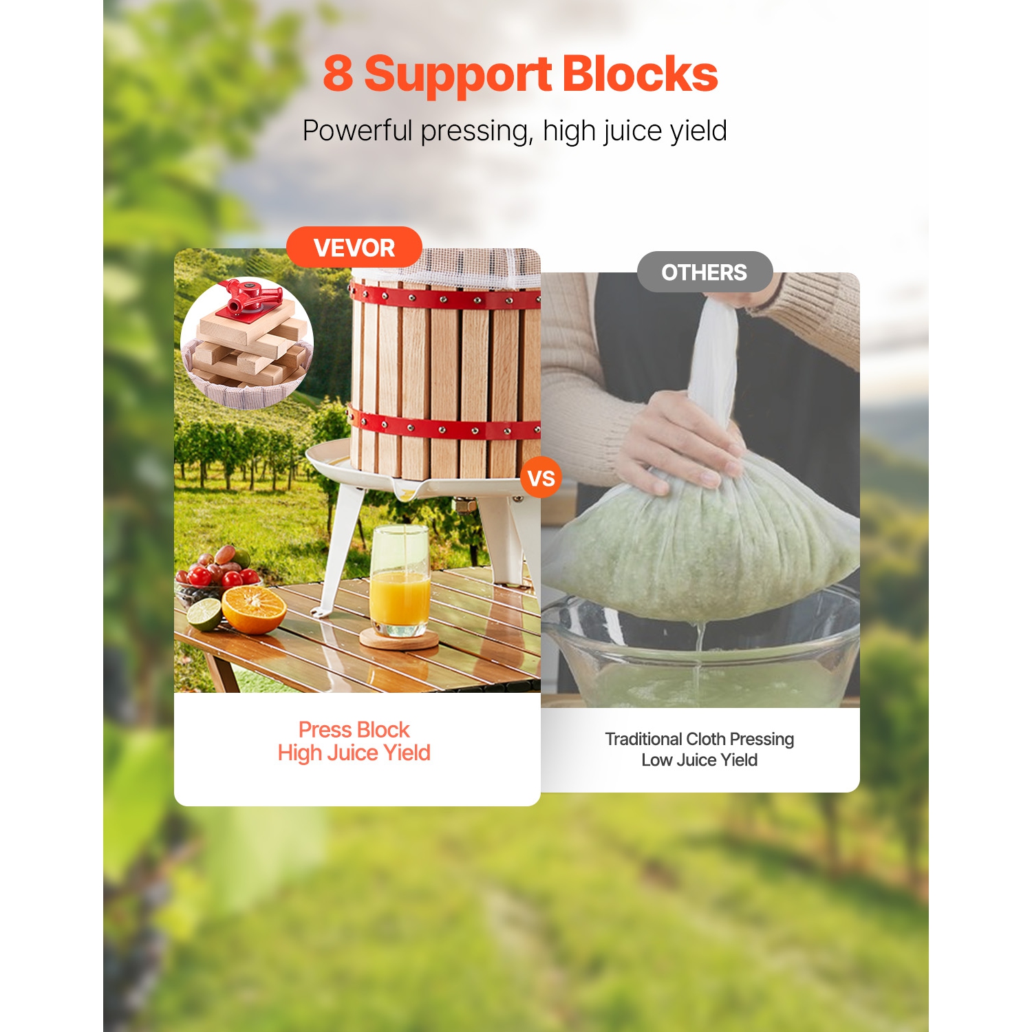 Presse à vin de fruits de 1,6 gal/6&nbsp;L VEVOR, panier en bois massif avec 8 blocs, machine à jus manuelle robuste, presse-huile d'olive au cidre,