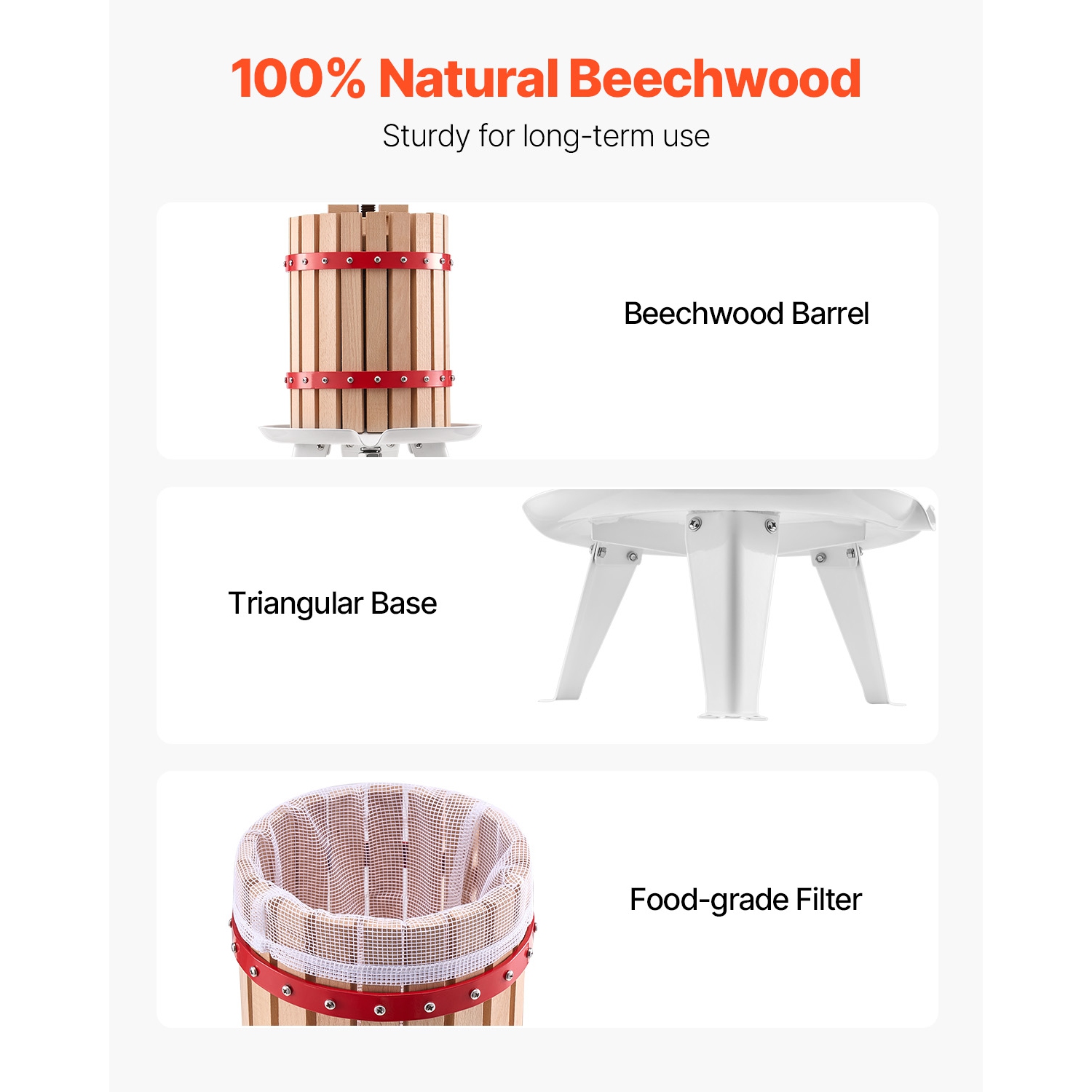 Presse à vin de fruits de 1,6 gal/6&nbsp;L VEVOR, panier en bois massif avec 8 blocs, machine à jus manuelle robuste, presse-huile d'olive au cidre,