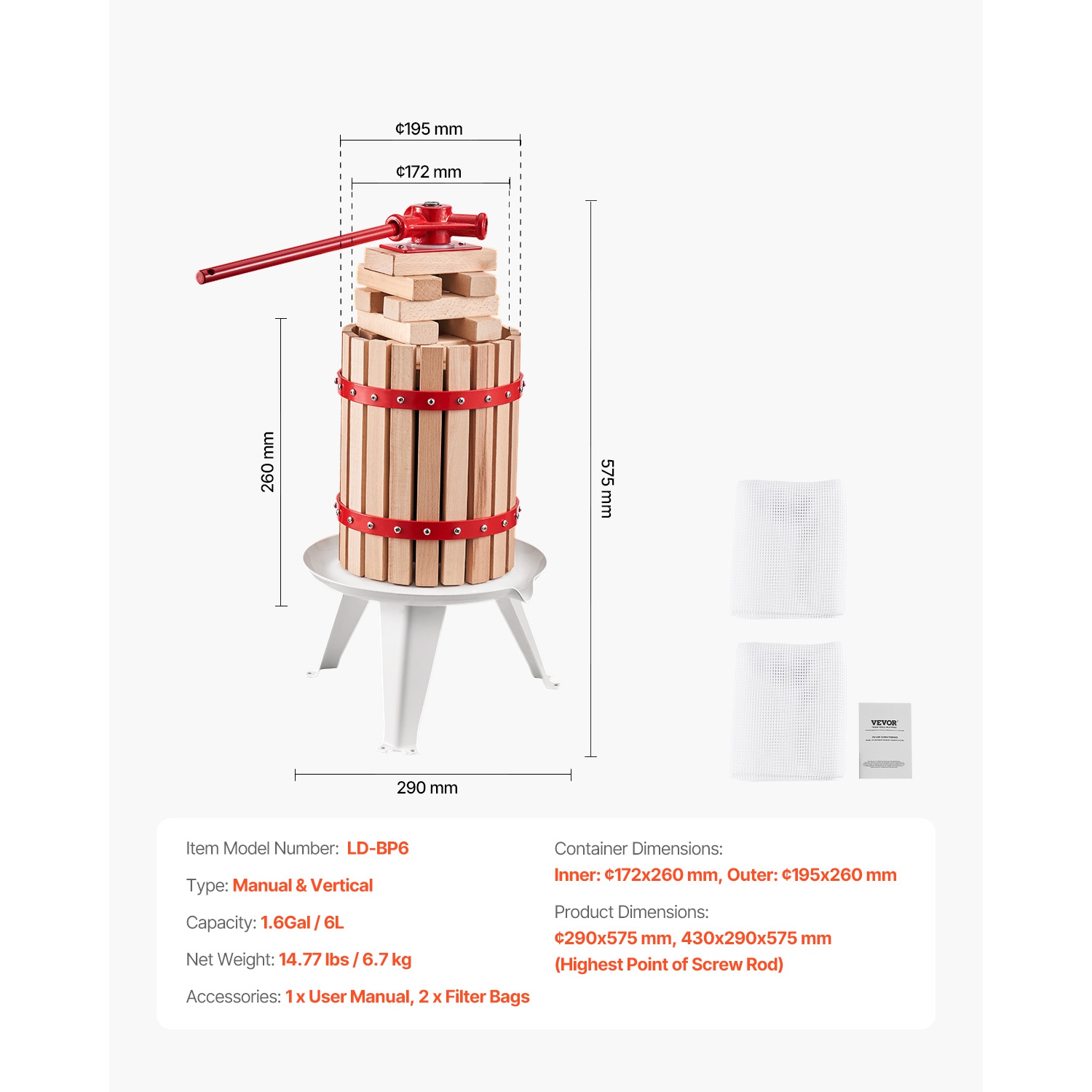 Presse à vin de fruits de 1,6 gal/6&nbsp;L VEVOR, panier en bois massif avec 8 blocs, machine à jus manuelle robuste, presse-huile d'olive au cidre,