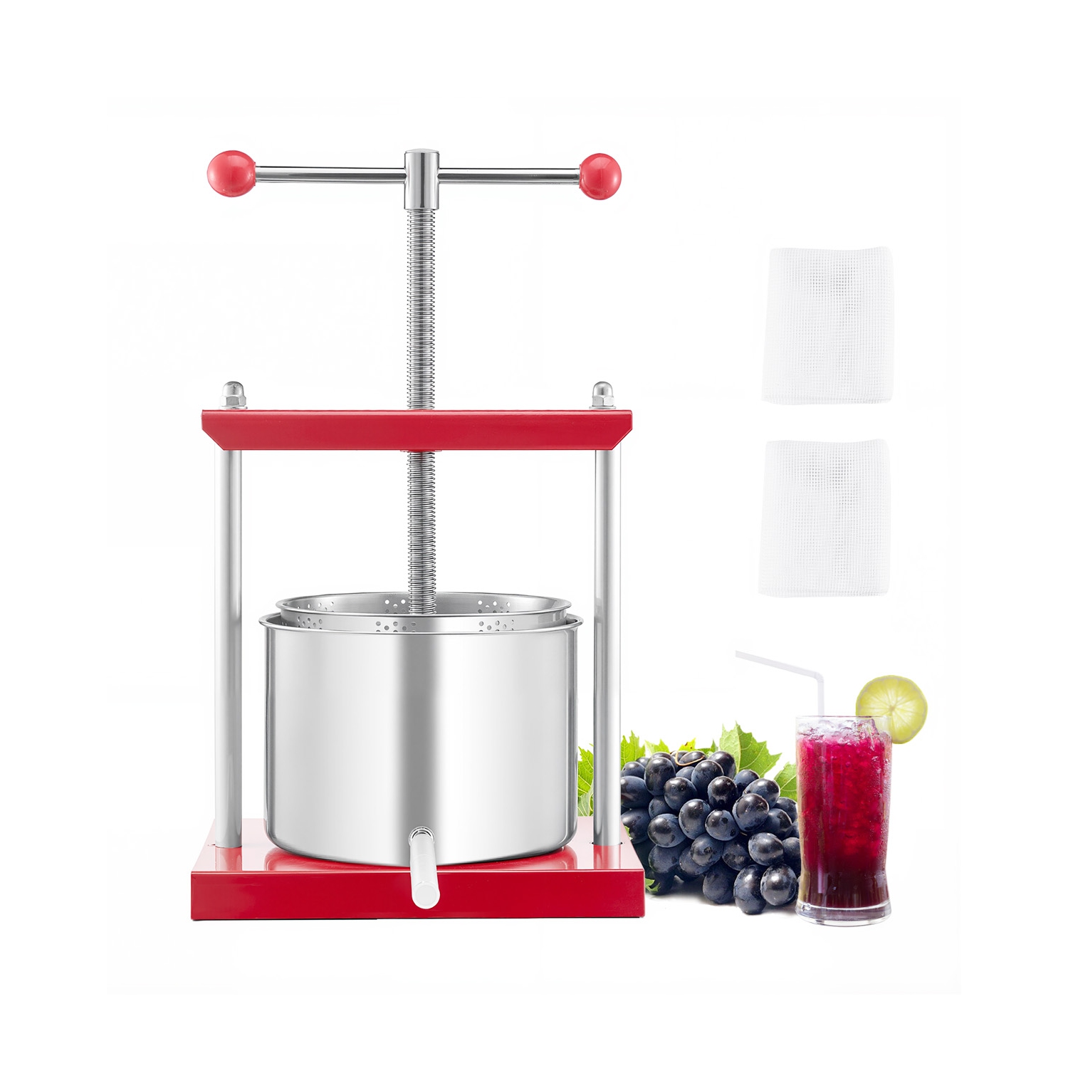 VEVOR 1.6 Gal/ 6 L Fruit Wine Press, 2 Stainless Steel Barrels, Manual Juice Maker, Cider Apple Grape Tincture Honey Olive Oil Making Press with