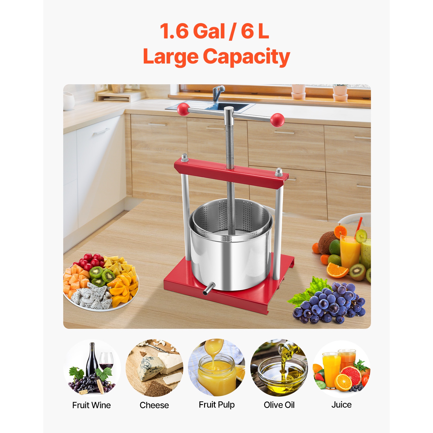 VEVOR 1.6 Gal/ 6 L Fruit Wine Press, 2 Stainless Steel Barrels, Manual Juice Maker, Cider Apple Grape Tincture Honey Olive Oil Making Press with