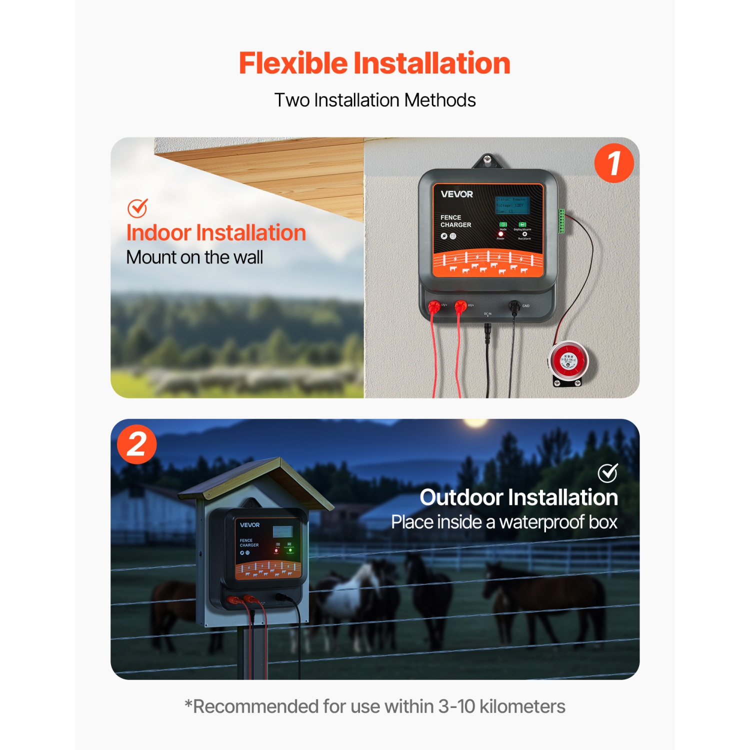 VEVOR 2J/3J/5J Multi-Powered Electric Fence Charger, Electric Fence Energizer with Real-Time LED Display, 6.2 Miles Range, AC DC Powerful Fences