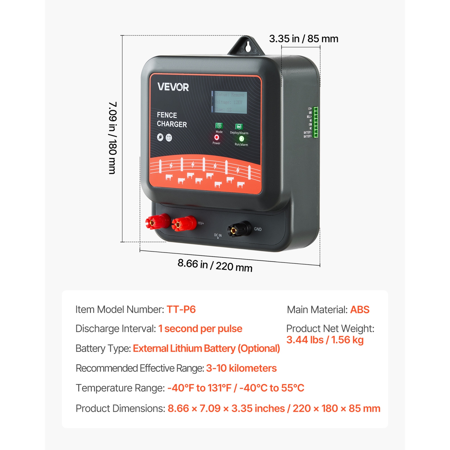 VEVOR 2J/3J/5J Multi-Powered Electric Fence Charger, Electric Fence Energizer with Real-Time LED Display, 6.2 Miles Range, AC DC Powerful Fences